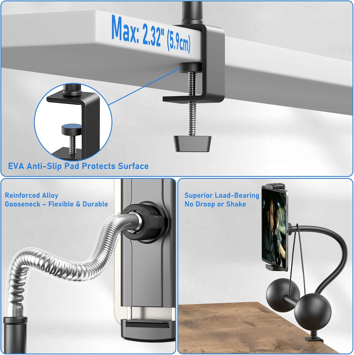 Tablet Stand for Desk, Gooseneck iPad Holder Clamp Mount, 360° Adjustable Arm Mount for iPad Pro/Air/Mini, Kindle Fire, Galaxy Tabs, 4.7"-13.5" Tablets, for Kitchen, Work, Video Call, Bed