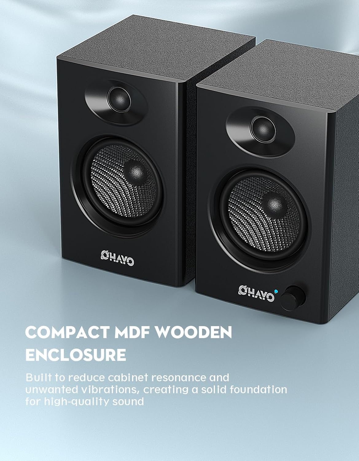OHAYO 60W Computer Speakers for Music and Gaming, Active Bluetooth 5.3, Stereo 2.0 Speakers for Desktop PC or Laptop, 3.5mm Aux RCA Input, USB-Powered, 1 Pair, Black
