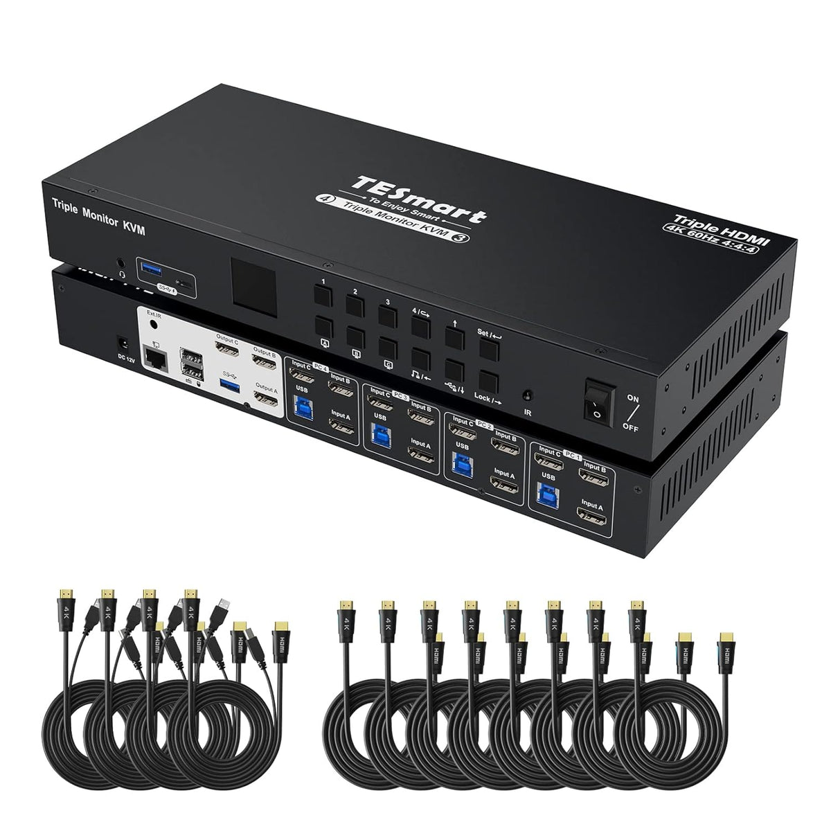 TESmart USB 3.0 HDMI KVM Switch 3 Monitors 4 Computers 4K@60Hz, Headset, Audio&Microphone, EDID emulators, Hotkey Switch, Wired Network, Rack-Ears, 4 Port Triple Monitor KVM Switch with All Cables