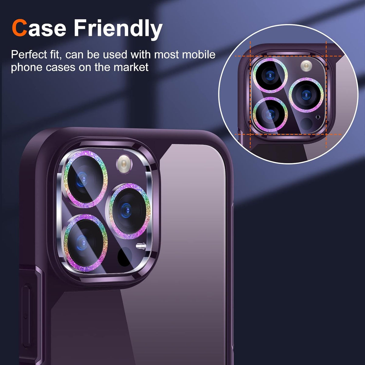 UniqueMe [3 Pack Compatible for iPhone 14 Pro Max/iPhone 14 Pro Camera Lens Protector Tempered Glass,[Case Friendly][Scratch-Resistant][Night Shooting Mode]-Glitter Colorful