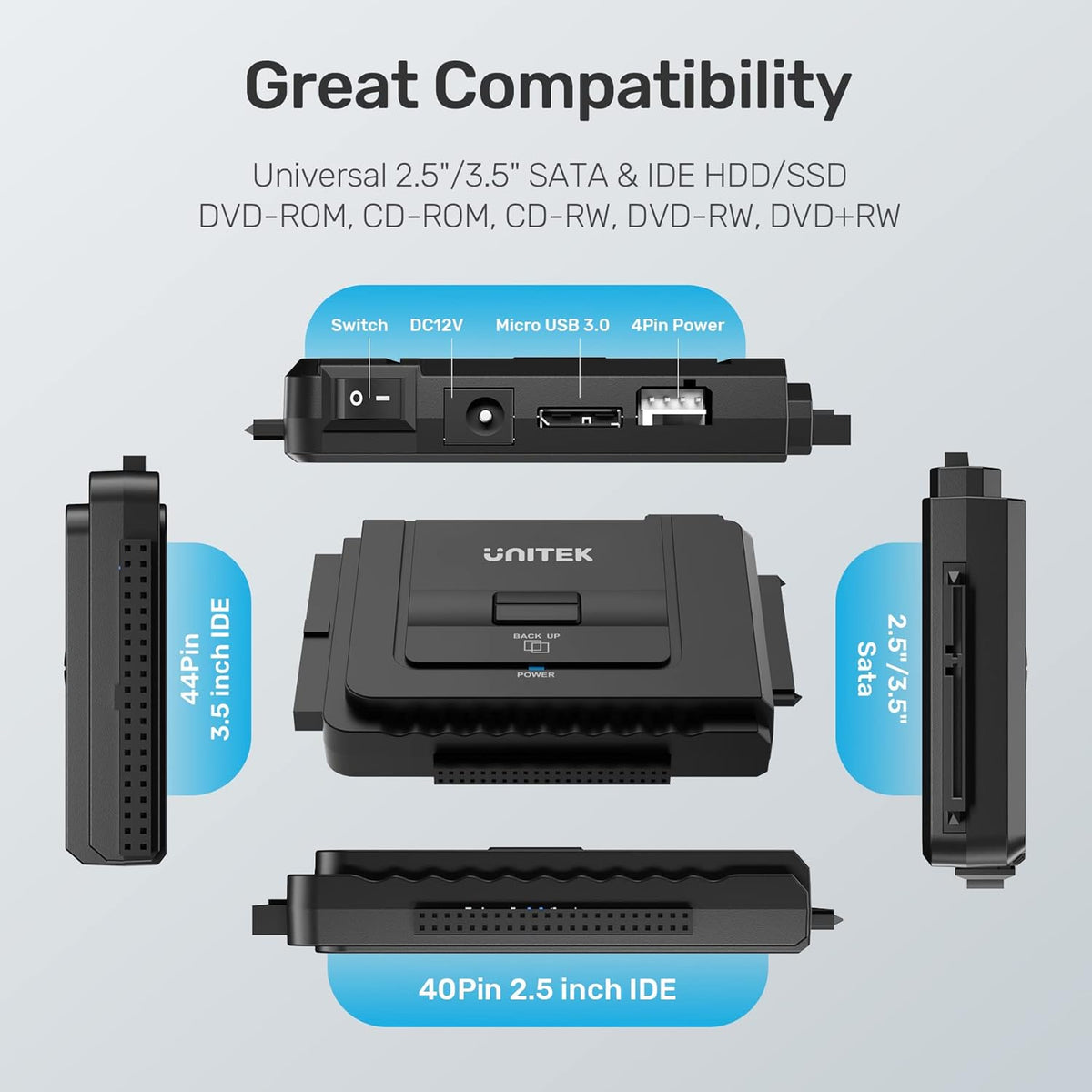 Unitek USB C to IDE and SATA Converter External Hard Drive Adapter Kit for Universal 2.5/3.5 HDD/SSD Hard Drive Disk, One Touch Backup Function, Included 12V/2A Power Adapter