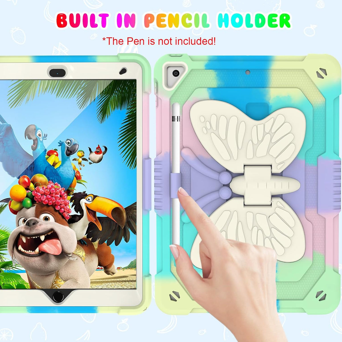 BLOSOMEET Kids Case for iPad 10.2 inch 2021 with Tempered Glass Screen Protector,iPad 9th/8th/7th Generation Case with Stand Pencil Holder & Shoulder Strap,Colorful Green