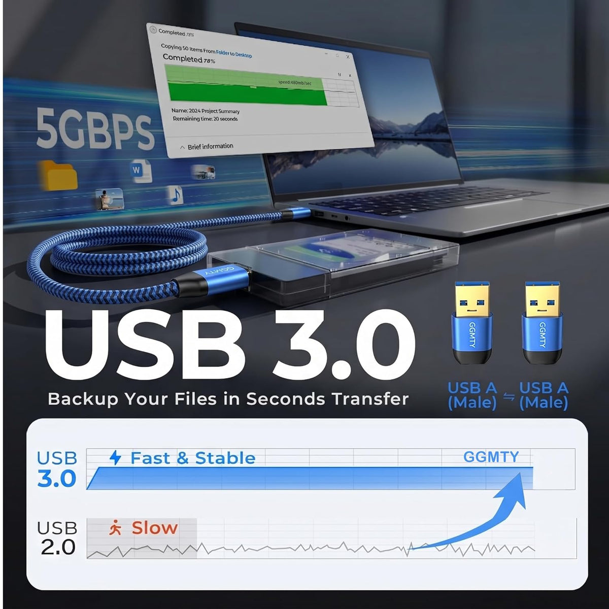 GGMTY 1.5FT, 3.0 3.0 USB to USB Cable Durable Braided USB Male to Male Type A to Type A Cable Data Transfer Compatible