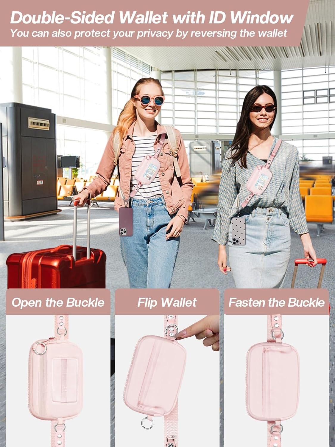 Clip and Go Strap for Phone with Wallet Crossbody Phone Lanyard Adjustable and Detachable RFID Wristlet Wallet with ID Window and Zipper, Pink
