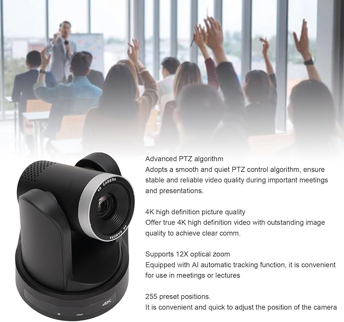 4K PTZ Conference Camera 10X Optical Zoom AI Auto Tracking 4K HD Video Webcam USB3.0 LAN for Business Meeting Lecture Live Streaming (US Plug)