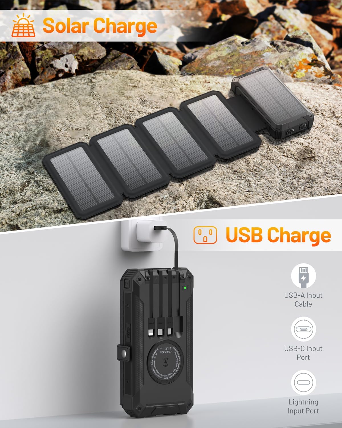 GOODaaa Solar Charger Power Bank, Portable Wireless Charger 36800mAh with Five Solar Panels Built-in Four Cable Five Outputs Outdoor Battery Pack for Cell Phone with Dual Flashlights, Carabiner