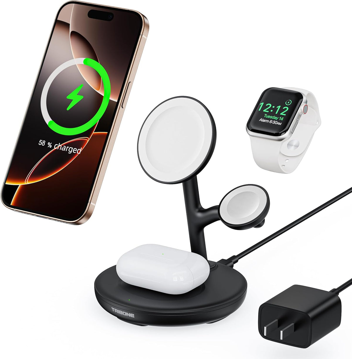 3 in 1 Magnetic Wireless Charger Stand for Apple Devices, TRIBONE Fast Charging Station for iPhone 16/15/14/13/12 Series, Apple Watch, Airpods (Panda Color)