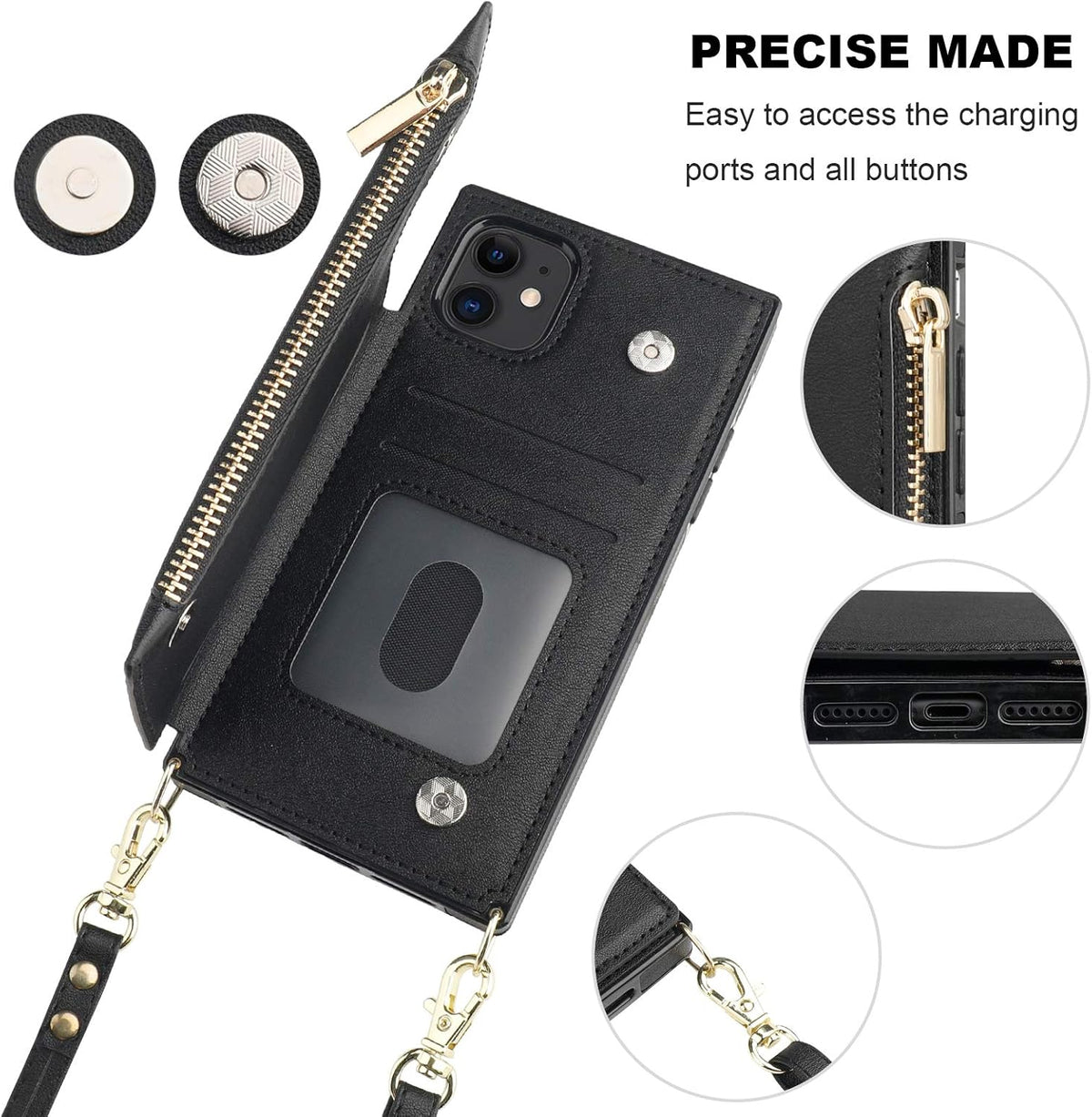 Bocasal Crossbody Wallet Case for iPhone 11 with Card Holder,Zipper Card Slot Protector Shockproof Purse Cover with Removable Cross Body Strap 6.1 Inch(Black)