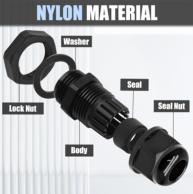 Kyuionty 12 Pcs 1/2" NPT Nylon Cable Glands, Black Strain Relief Cable Cord Connector IP68 Waterproof Junction Box Wire Protectors Adjustable for 6-12mm Cable Diameter