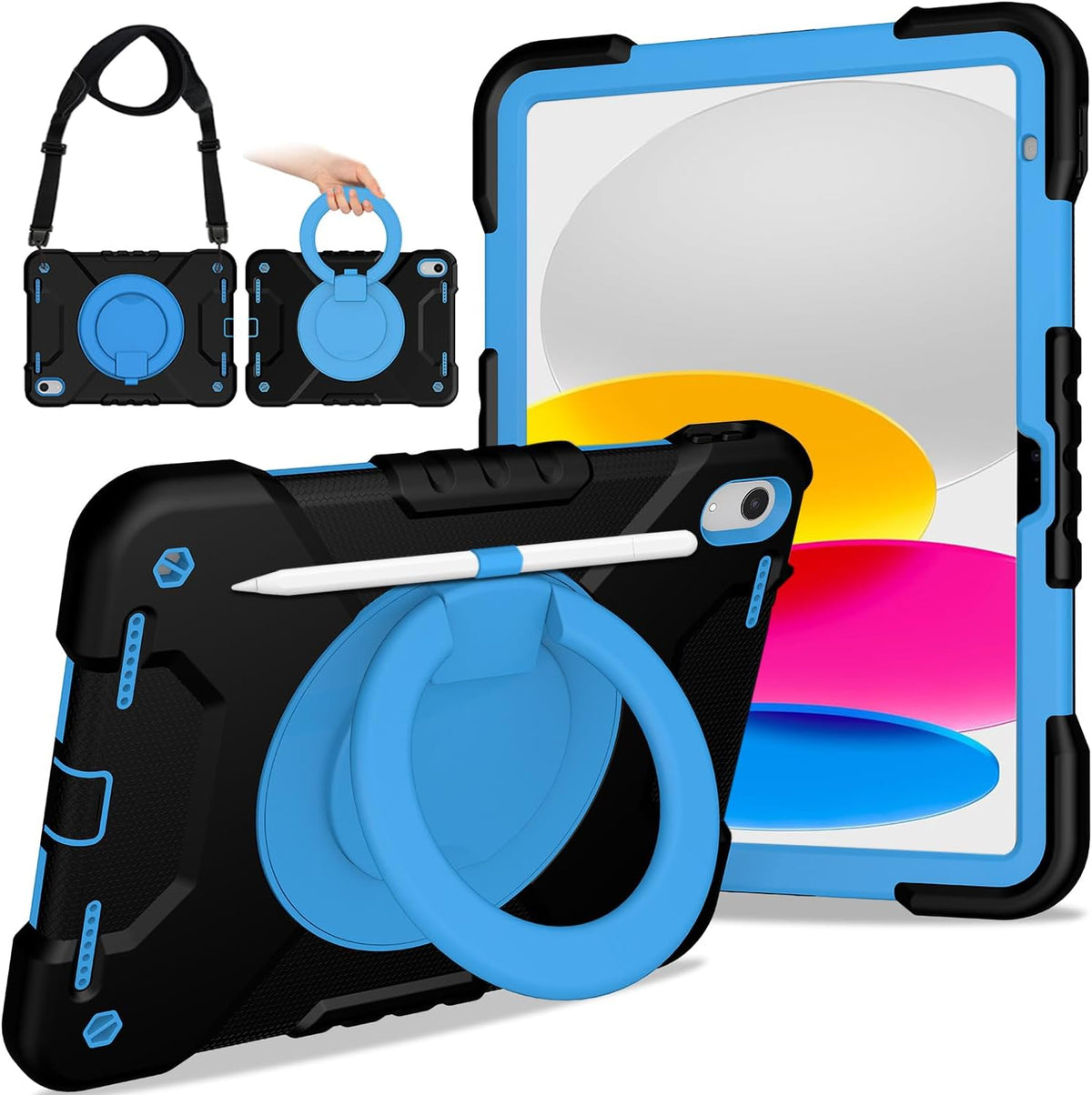 Case for iPad (A16) 11th Generation 11 inch 2025/10th Generation 10.9 inch 2022, Heavy Duty Shockproof Kids Protection Cover with Pencil Holder/360° Rotating Stand/Handle/Shoulder Strap, Black Blue