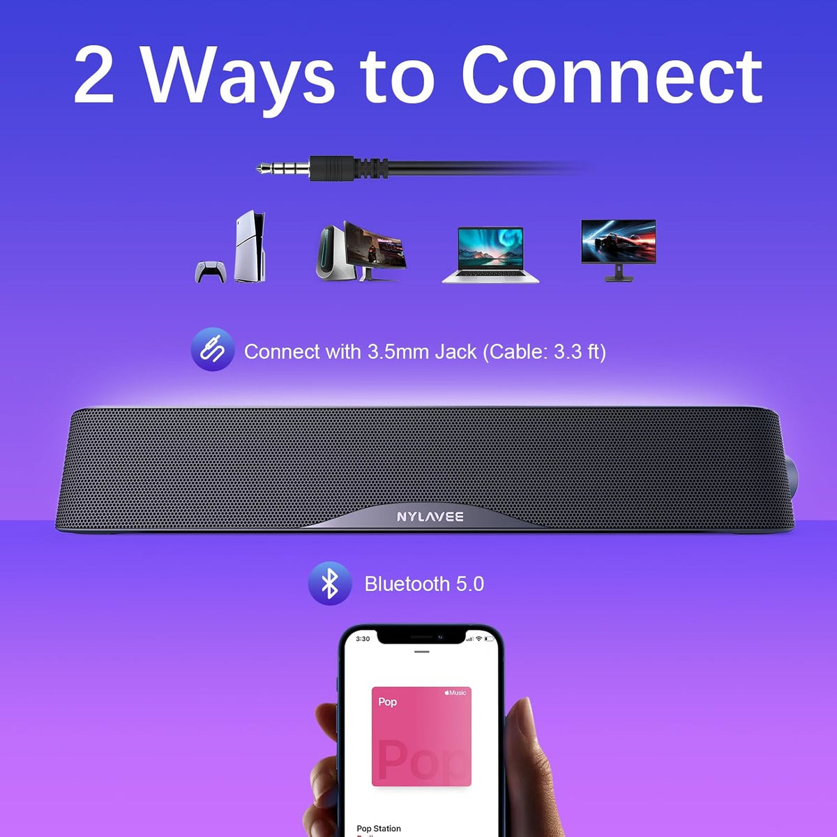 Computer Speakers, HiFi Sound Quality Computer Sound Bar, USB Powered PC Speakers, Bluetooth 5.0 and 3.5mm Aux-in Computer Speakers for Desktop, Laptops, PCs, Phones, Tablets, Xbox, Gaming Speakers