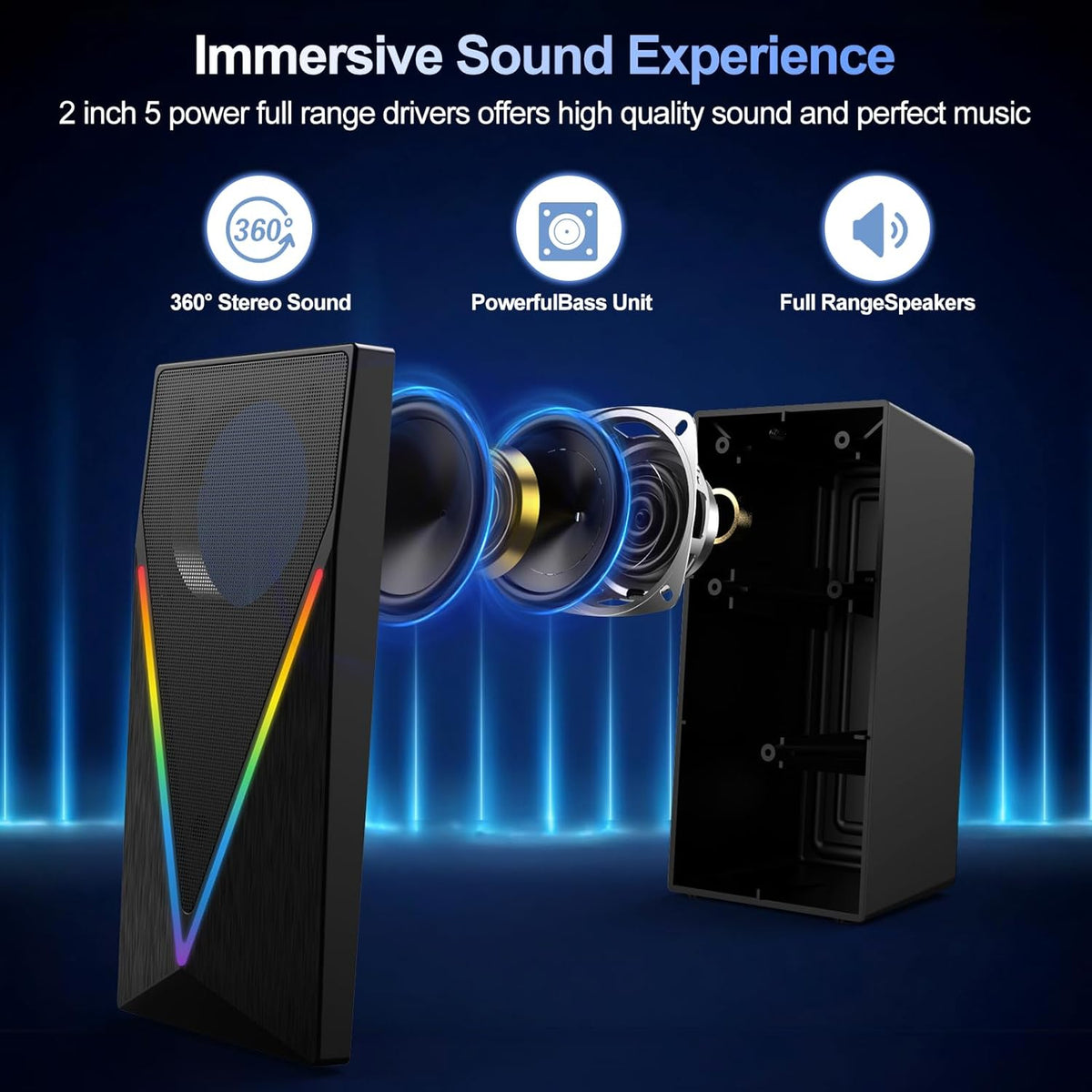 RGB Desktop Speakers with Enhanced Bass, Volume Control & 6 Colorful Lights - USB Powered & 3.5mm Aux Gaming Speakers for Laptop, PC, Tablet, Phone