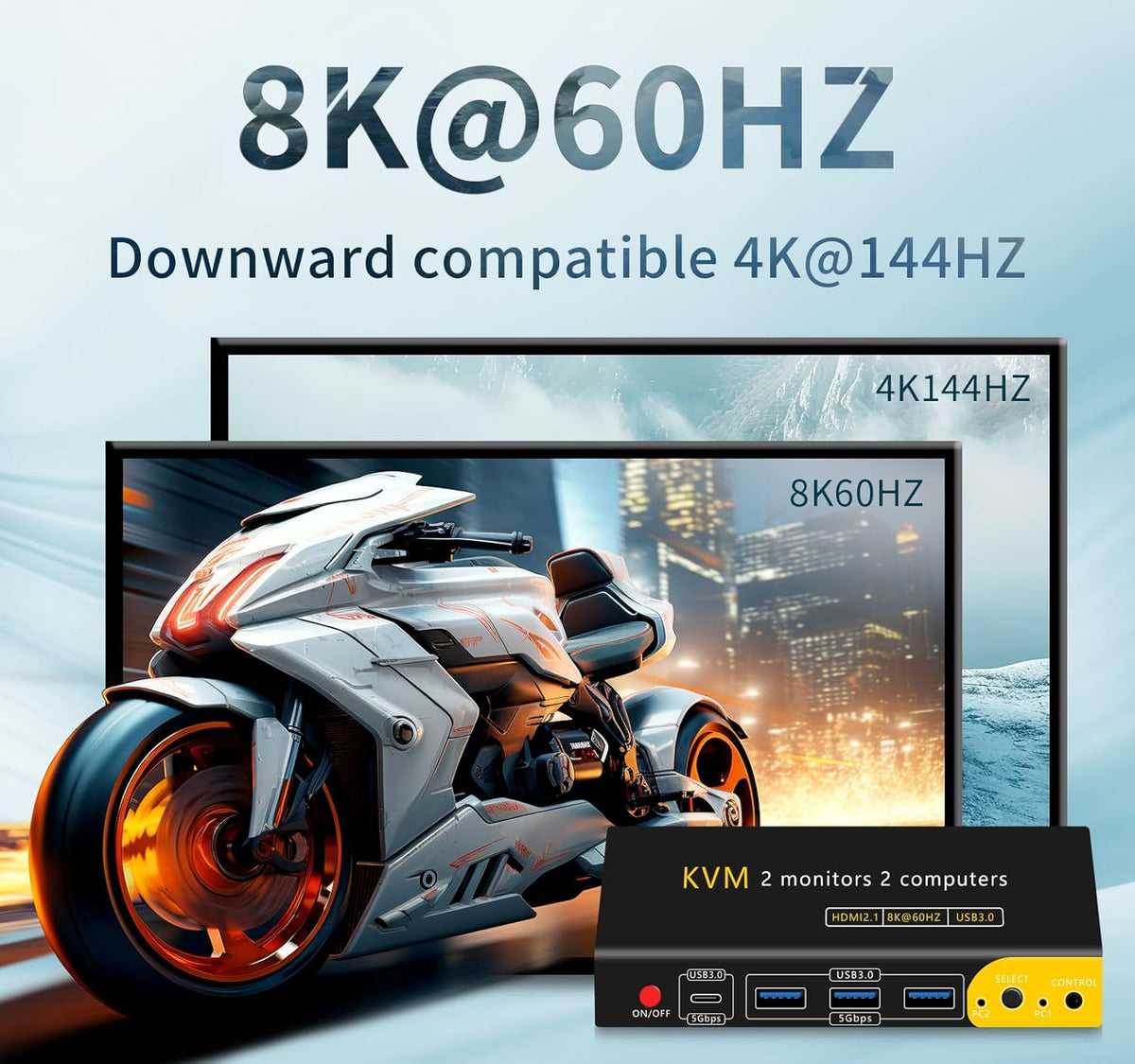 HDMI kvm Switch 2 Monitors 2 Computers Dual Monitor kvm Switch,8K@60HZ, 3*USB3.0&1*USB C, KVM switches 2 Computers 2 Monitors 1 Monitors(USB3.0+8KHDMI)