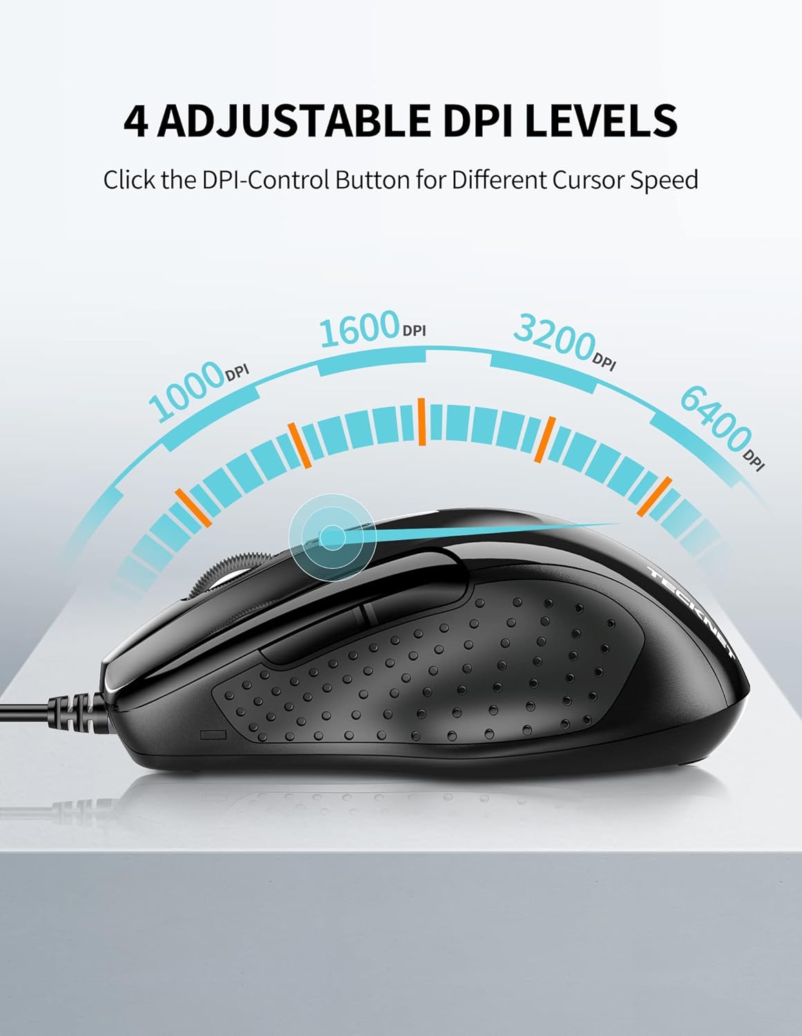 TECKNET USB Wired Mouse, 6-Button Corded Mouse with 4 Adjustable DPI, Optical Computer Mouse with Ergonomic Design and 5FT Cord for Laptop, Chromebook, PC, Desktop, Mac, Notebook-Black