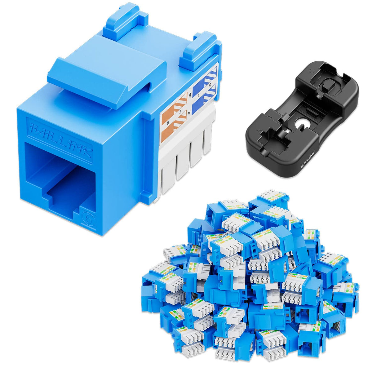 iwillink 10Gbps Cat6 Keystone Jack and Punch-Down Stand, 50-Pack, RJ45 Ethernet Keystone Jacks, 90-Degree UTP Modular Punch Down Keystone Jack Adapter, Blue