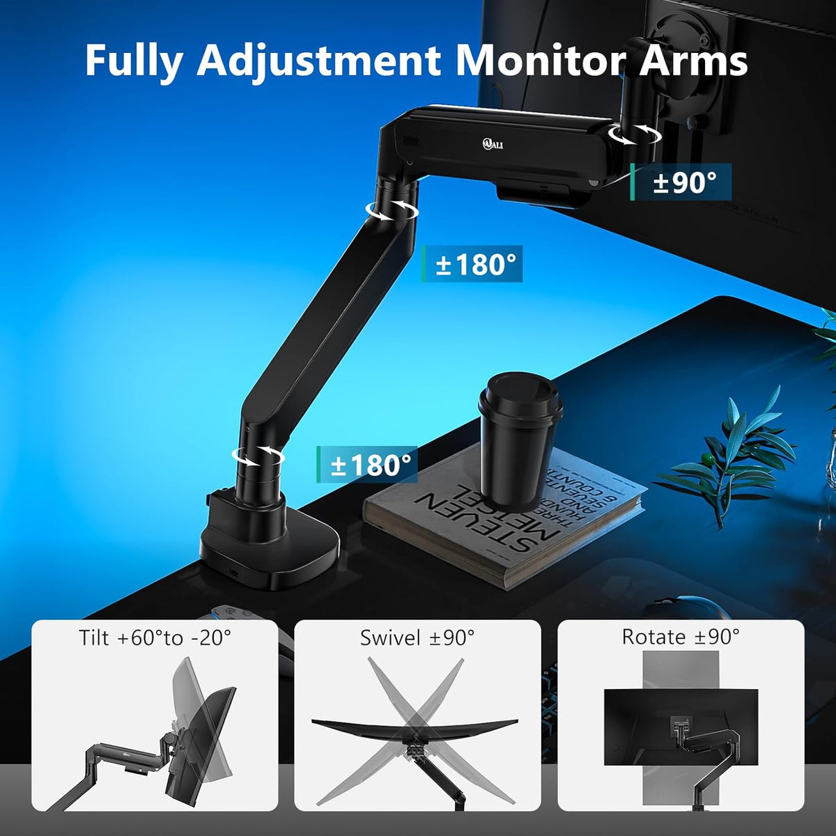 WALI 24-57" Monitor Arm, Heavy Duty Gas Spring Desk Mount for Ultrawide Flat and Curved Screen Up to 59.4lbs, VESA 75x75 to 200x200 (GSMU001XL-P), Black
