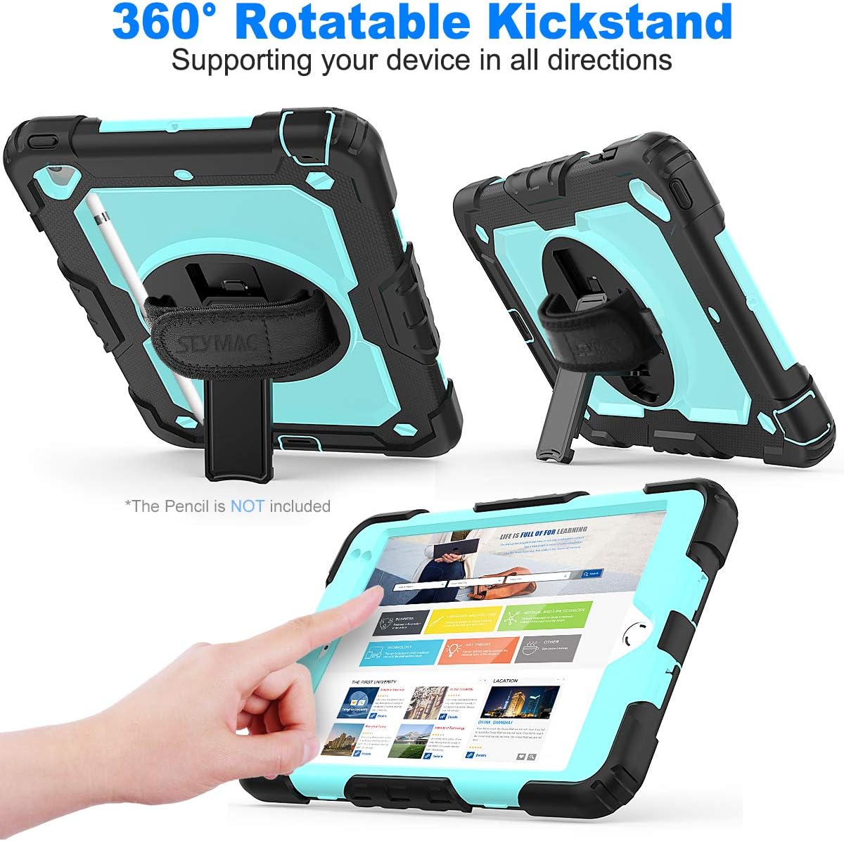 SEYMAC stock Case for iPad mini 5/4 with Screen Protector Pencil Holder [360 Rotating Hand Strap] & Stand, Drop-Proof Case for iPad mini 5th/4th Generation 7.9 inch (SkyBlue+Black)