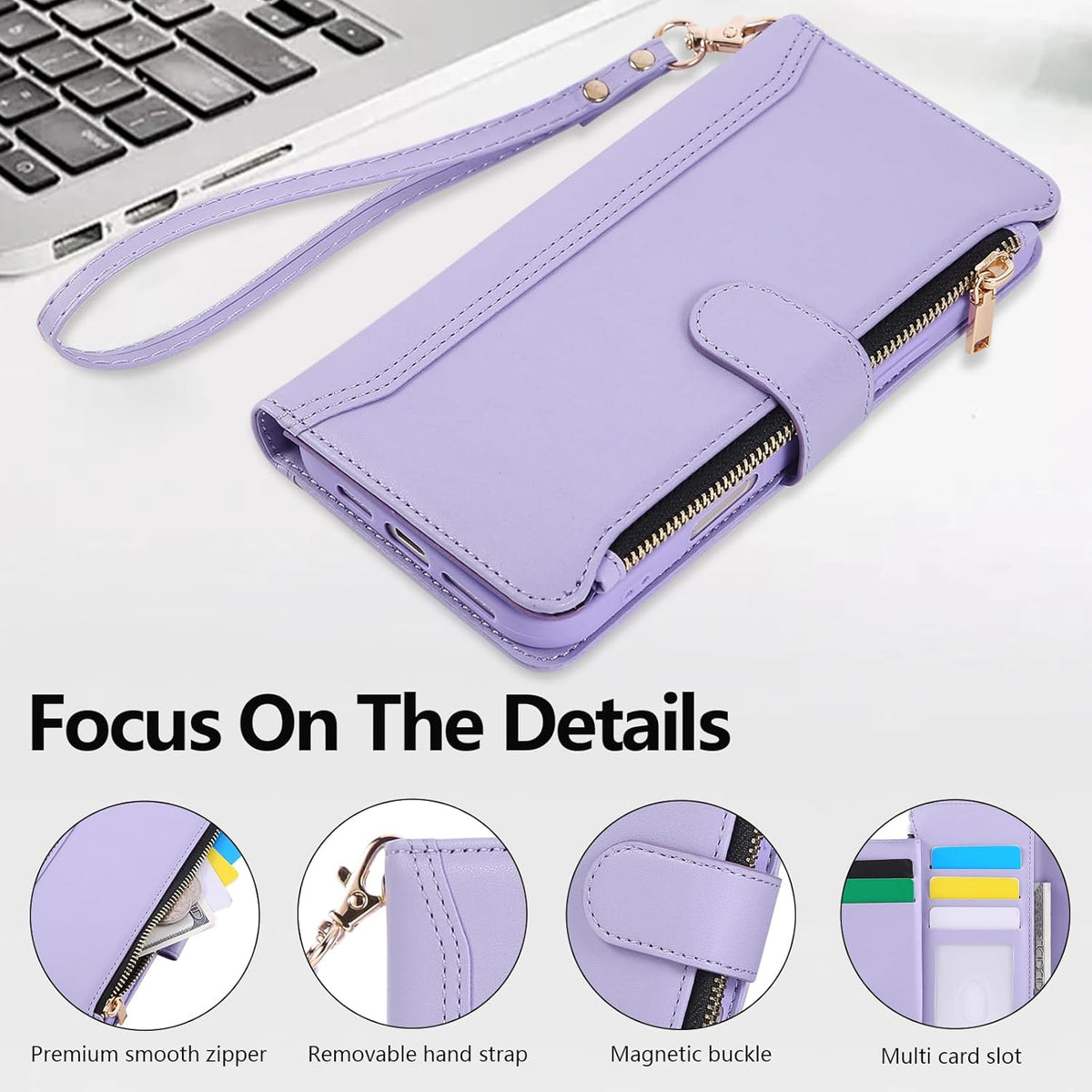 Compatible with iPhone 13 Pro Max Wallet Phone Case-PU Leather Magnetic Flip Cover with Credit Card Slots,Zipper Pocket & Detachable Wrist Strap,Shockproof Design,for Women and Men-Purple