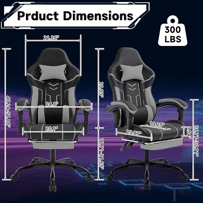 Black 360° Swivel Gaming Chair Ergonomic Heavy Duty 330lbs Office Chair with Footrest and Massage Lumbar Support Height Adjustable High Back Reclining Gamer Chair with Headrest (Black)