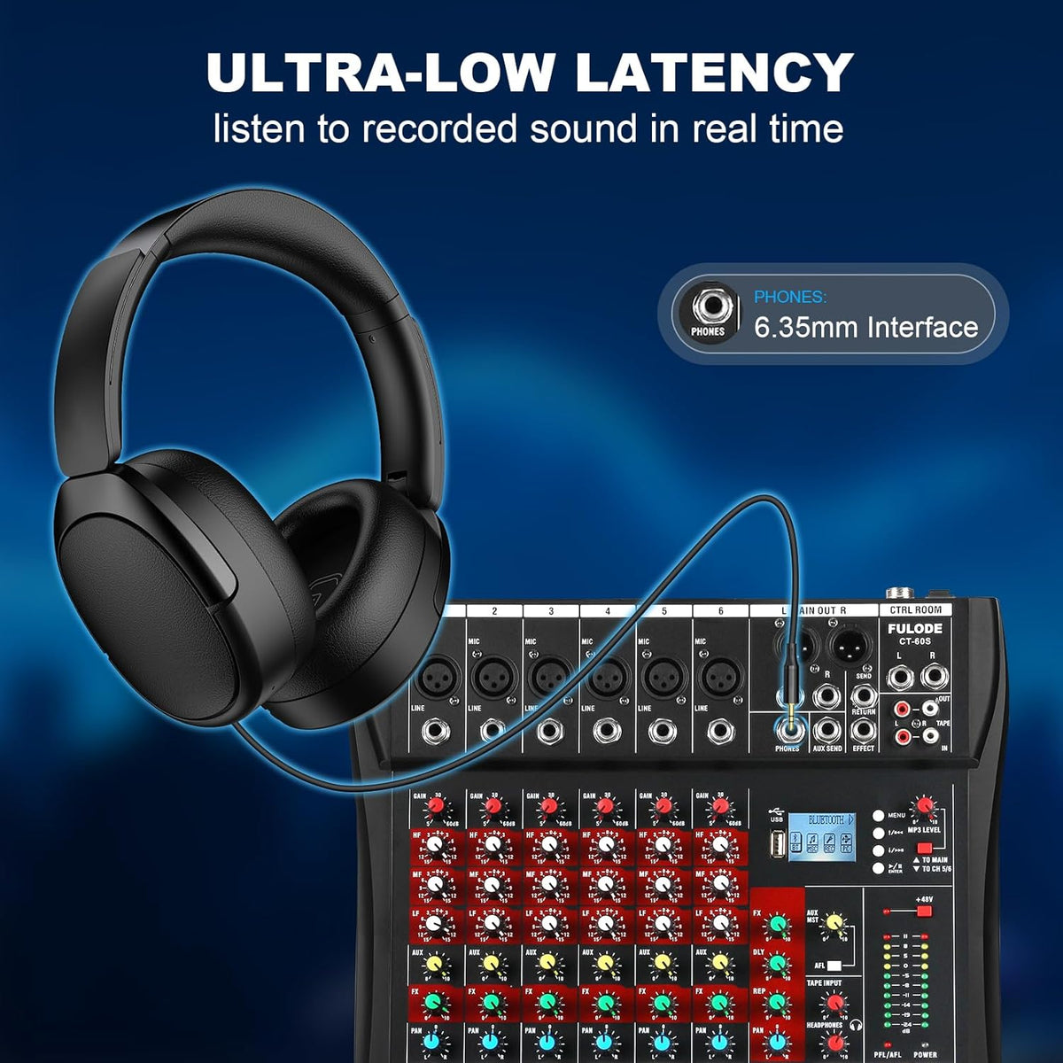 6 Channel Audio Mixer, Professional Music Mixer Board DJ Mixing Console with Bluetooth, USB/MP3 Player, Reverb, and 48V Phantom Power for Studio Recording, Karaoke, and Live Performances