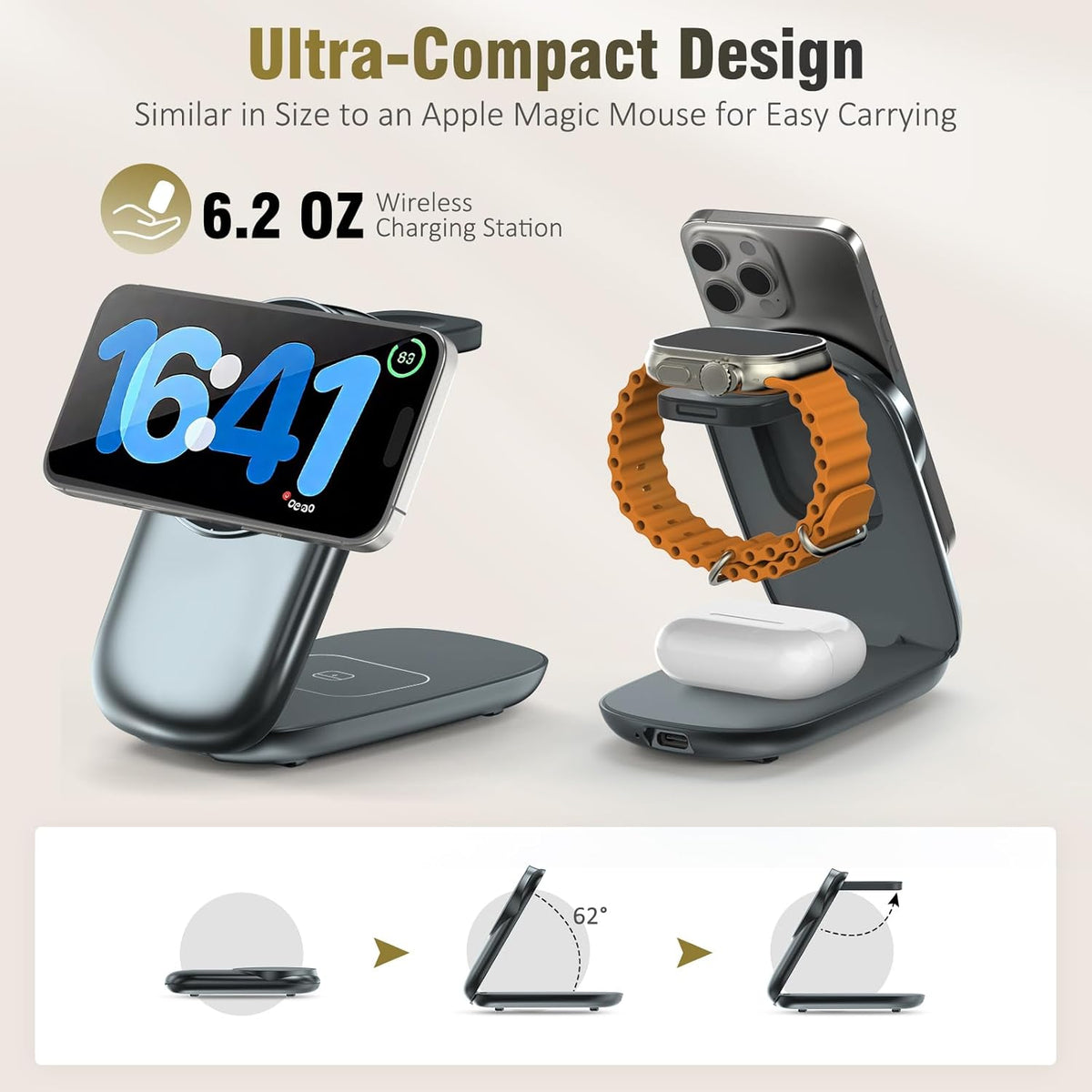 3 in 1 Folding Charging Station for iPhone 16e/16/15/14/13/12 Compatible with Apple Watch 10/9/8/7/6/5/4/3 Ultra,Wireless Charging Station for Airpods/4/3 pro