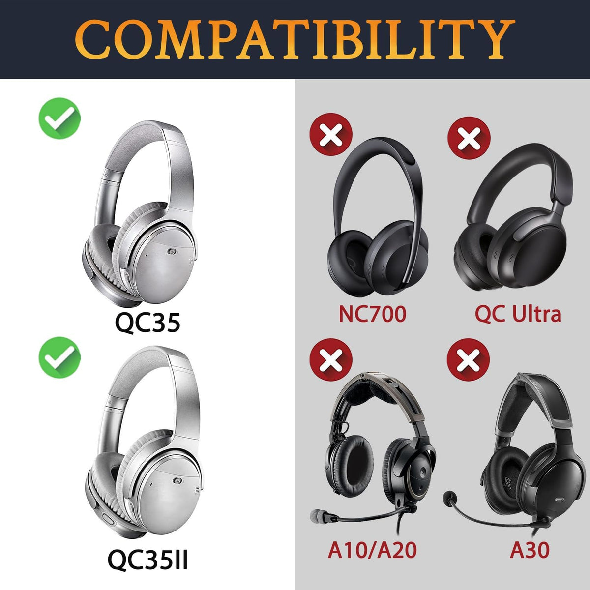 SoloWIT Replacement Earpads Cushions for Bose QuietComfort 35 (QC35) & Quiet Comfort 35 II (QC35 ii) Headphones, Ear Pads with Softer Leather, Noise Isolation Foam, Added Thickness (Grey)
