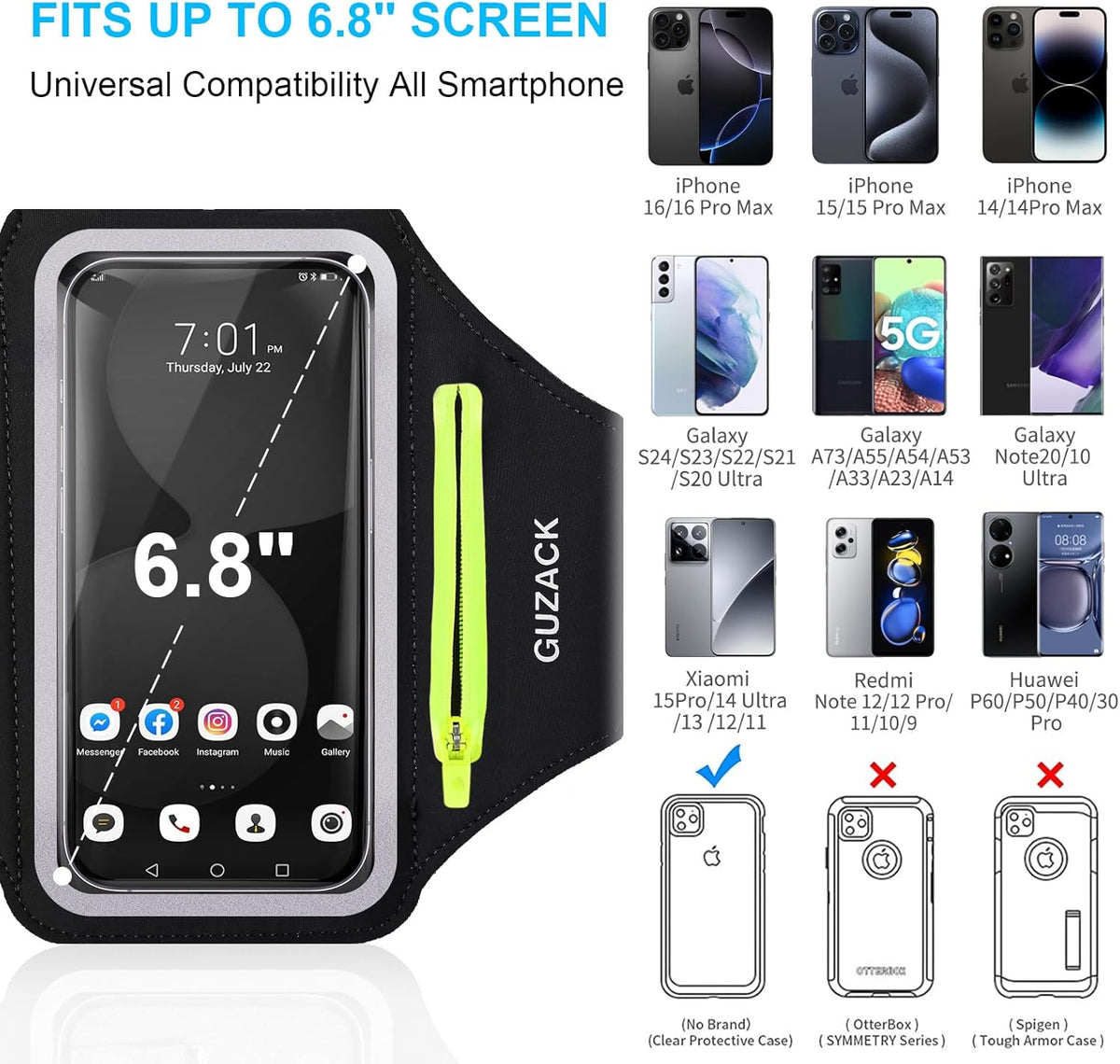 GUZACK Running Armband for iPhone 16 15 14 13 Pro Max, Galaxy S25 S24 S23 S22, with Card Slot & Key Pockets, Running Phone Holder, Fit Up to 6.9 Inches Phone - Size S (Smaller Arm 9-14 in)