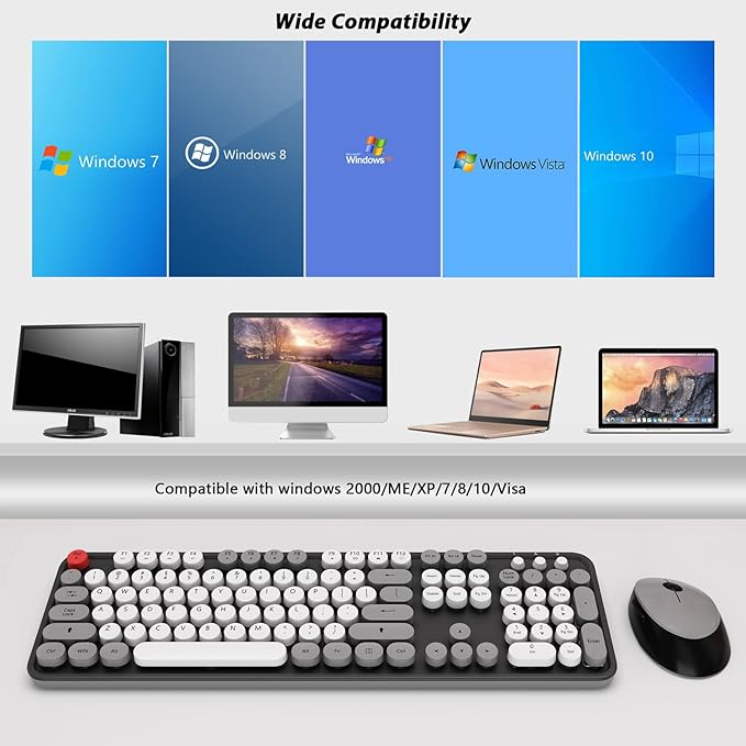 Wireless Keyboard Mouse Combo Colorful Mouse and Keyboard Combo 104 Keys Cute Wireless Keyboard with Number Pad for Windows Computer PC Notebook Laptop (Grey)