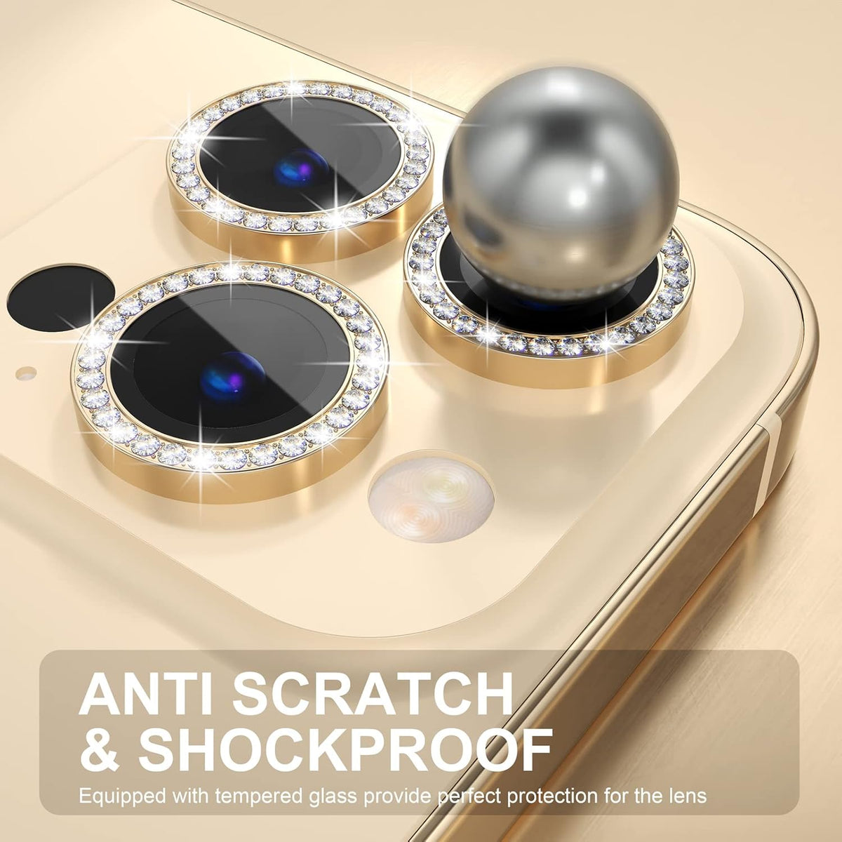 Choiche [3+1 for iPhone 14 Pro/iPhone 14 Pro Max Camera Lens Protector Bling, 9H Tempered Glass Camera Cover Screen Protector Metal Ring Decoration Accessories (Diamond-Gold)