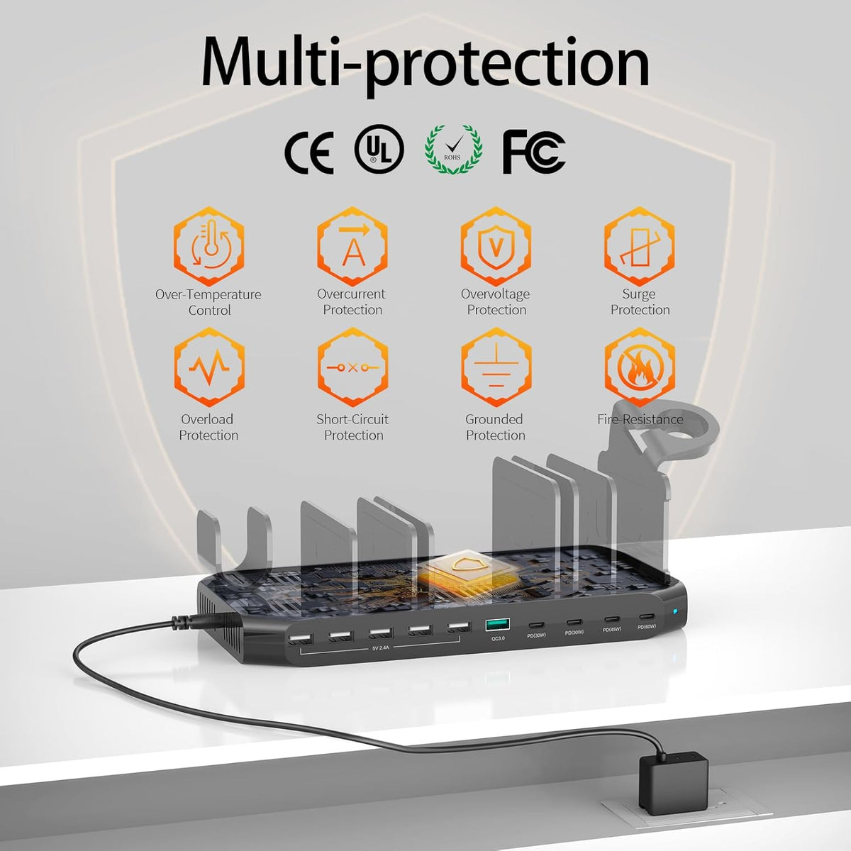 Alxum 140W USB C Charging Station -10 Port Fast Charging Station with QC 3.0 & 4 * USB C PD 60W+45W+30W, Multi Device Charger Organizer Compatible with Laptop, iPad, Tablet, Cell Phone and More