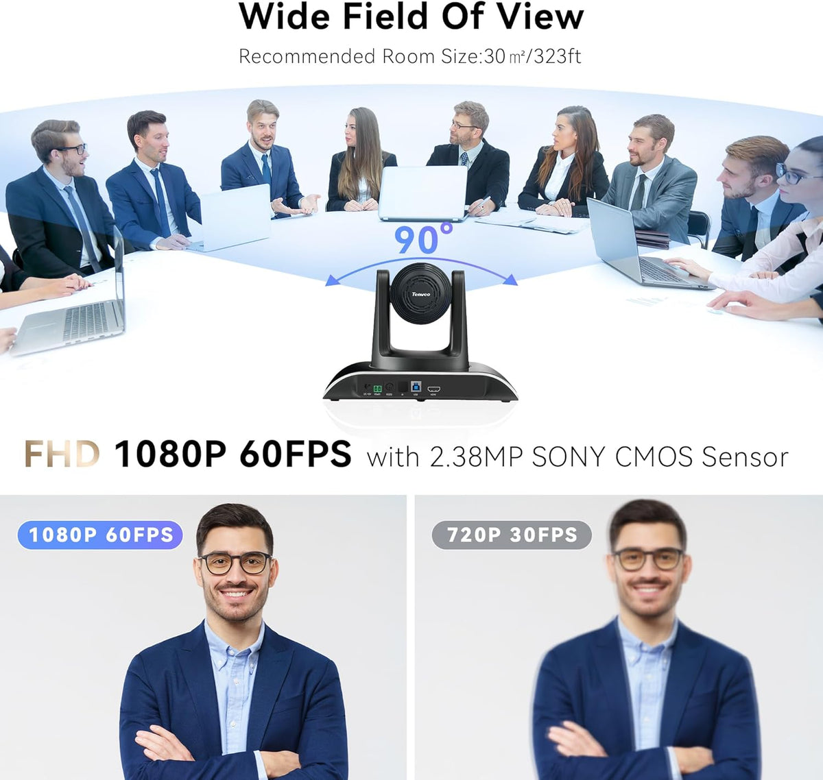 Tenveo 12X Optical Zoom PTZ Conference Camera USB3.0/HDMI 90° Wide View Angle, FHD 1080P 60FPS for Video Conferencing Business Meeting Church Services Worship Education Zoom Teams OBS