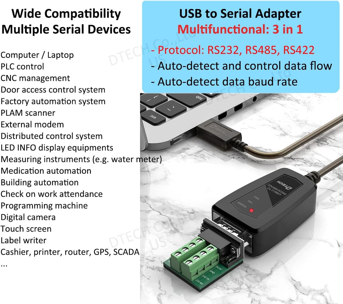 DTECH RS422 RS485 R232 (3 1 5V 11 10 8 7 (1.5ft) USB to Serial Adapter to USB Cable in Interface) Supports DC