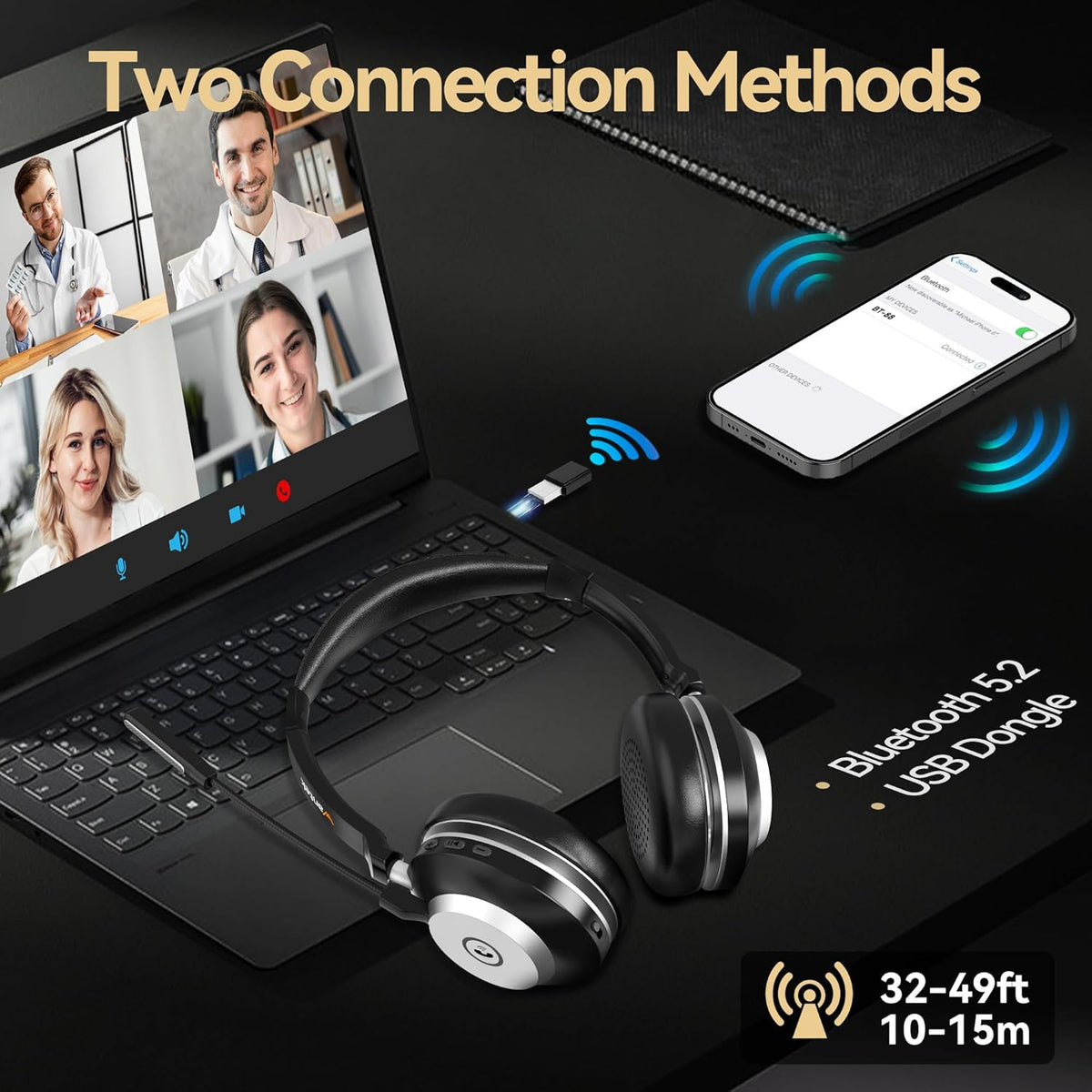 Wireless Headset with Mic for Work,Bluetooth Headphone with Noise Cancelling Microphone,2.4G USB Dongle & Mic Mute for Laptop/Computer/Cell Phones/Office/Remote Work/Call Center/Zoom/Teams/Skype