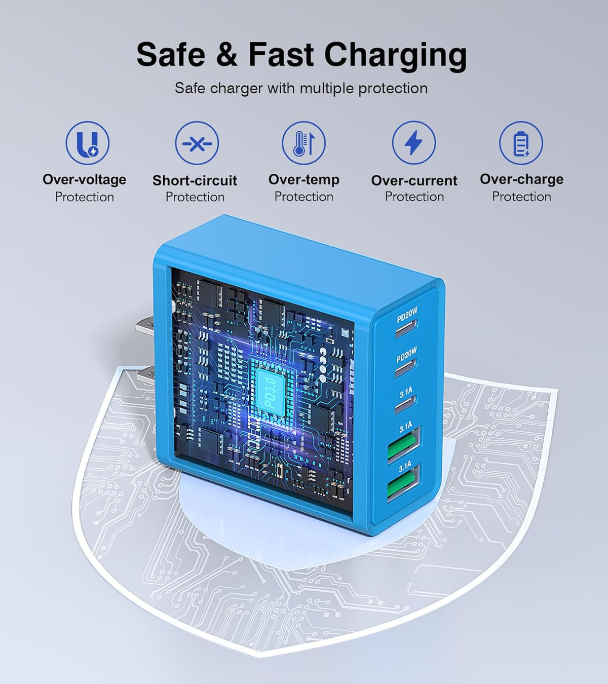 [50W/2Pack] Wall Charger, USB C Charger Block, 5-Port PD + QC 3.0 Fast Charging Power Plug Adapter Brick for Watch Series 10 9 8 7, for iPhone 16 15 14 13 Pro Max Airpod, Samsung Galaxy S24(Blue)