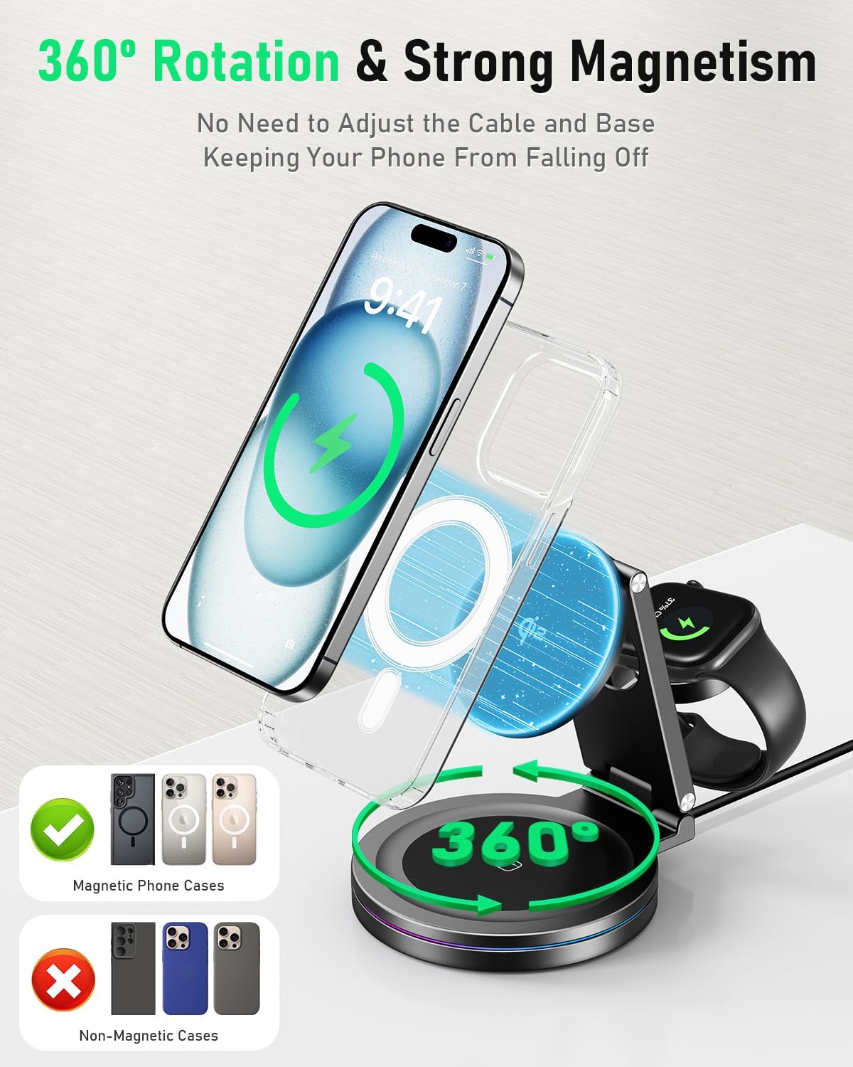 2025 Upgraded Qi2 Foldable 360º Rotatable Zinc Alloy 3 in 1 Magnetic Wireless Charging Station,3-in-1 Qi2 Charger for Apple iPhone 12~16,iWatch,AirPods(30W Adapter & Case Included)(Silver)
