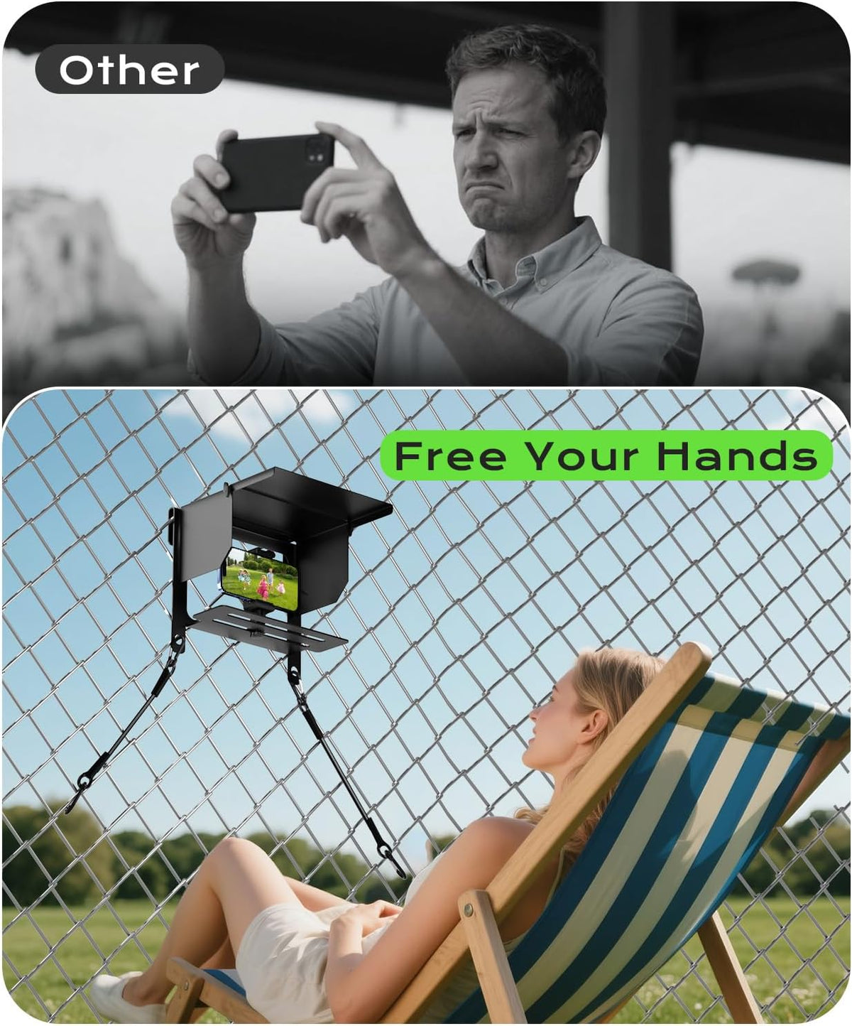 Cell Phone Fence Mount Shade - All-in-One Mounting Kit for iPhone, GoPro, Samsung, Mevo Start, Insta360 and Action Cameras, Ideal for Recording Baseball, Football, Tennis Games
