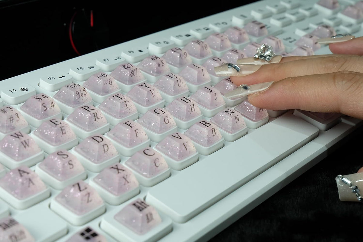 80 Pcs Keyboard Sticker for Long Nails Typing and Gaming, Symbolic and Alphanumeric Sticky Silicone Keys for Keyboards and Laptop (Sparkly Pink)