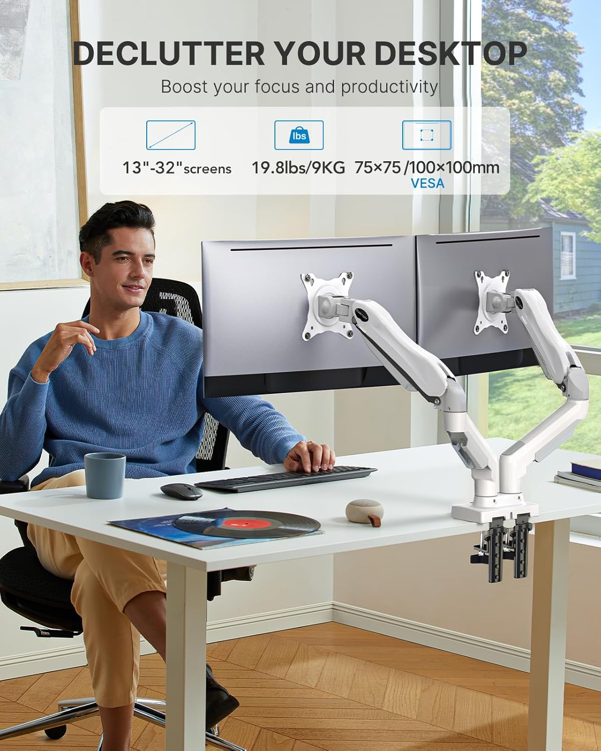 HUANUO Dual Monitor Stand - Full Adjustable Monitor Desk Mount Swivel Vesa Bracket with C Clamp, Grommet Mounting Base for 13 to 32 Inch Computer Screens - Each Arm Holds 4.4 to 19.8lbs - White