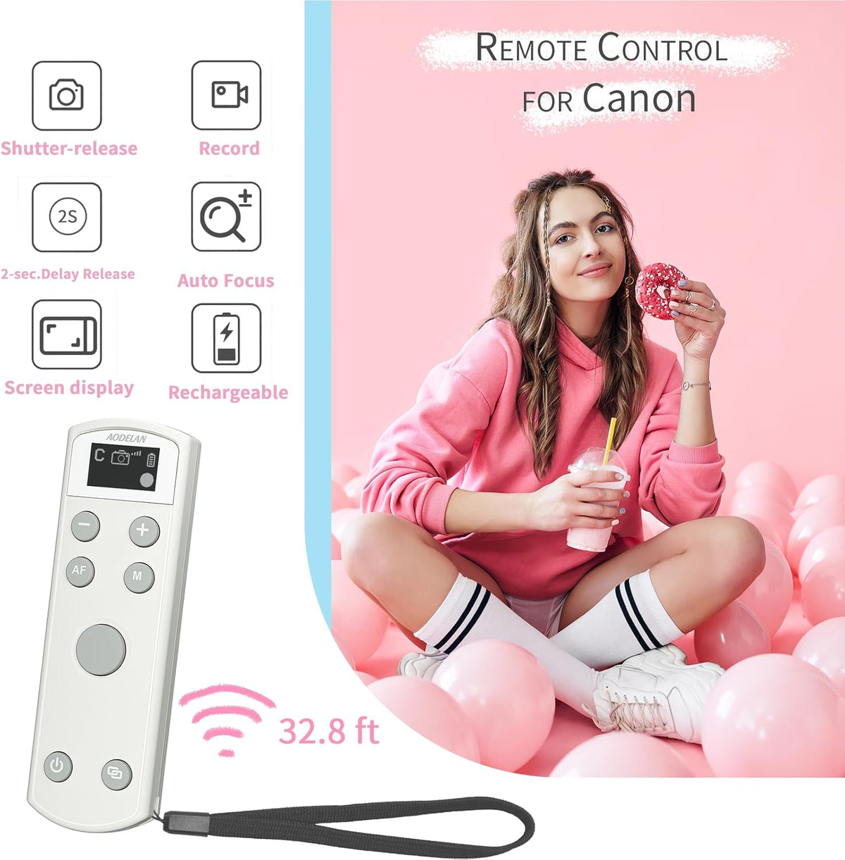 Remote Control for Canon Camera,Rechargeable Wireless Shutter Release with OLED Screen for Canon EOS RP, EOS R, R5, R6, M50, M50 II, 6D Mark II, 77D, 850D, 800D, Rebel T7i, T8i; Replaces BR-E1 (white)