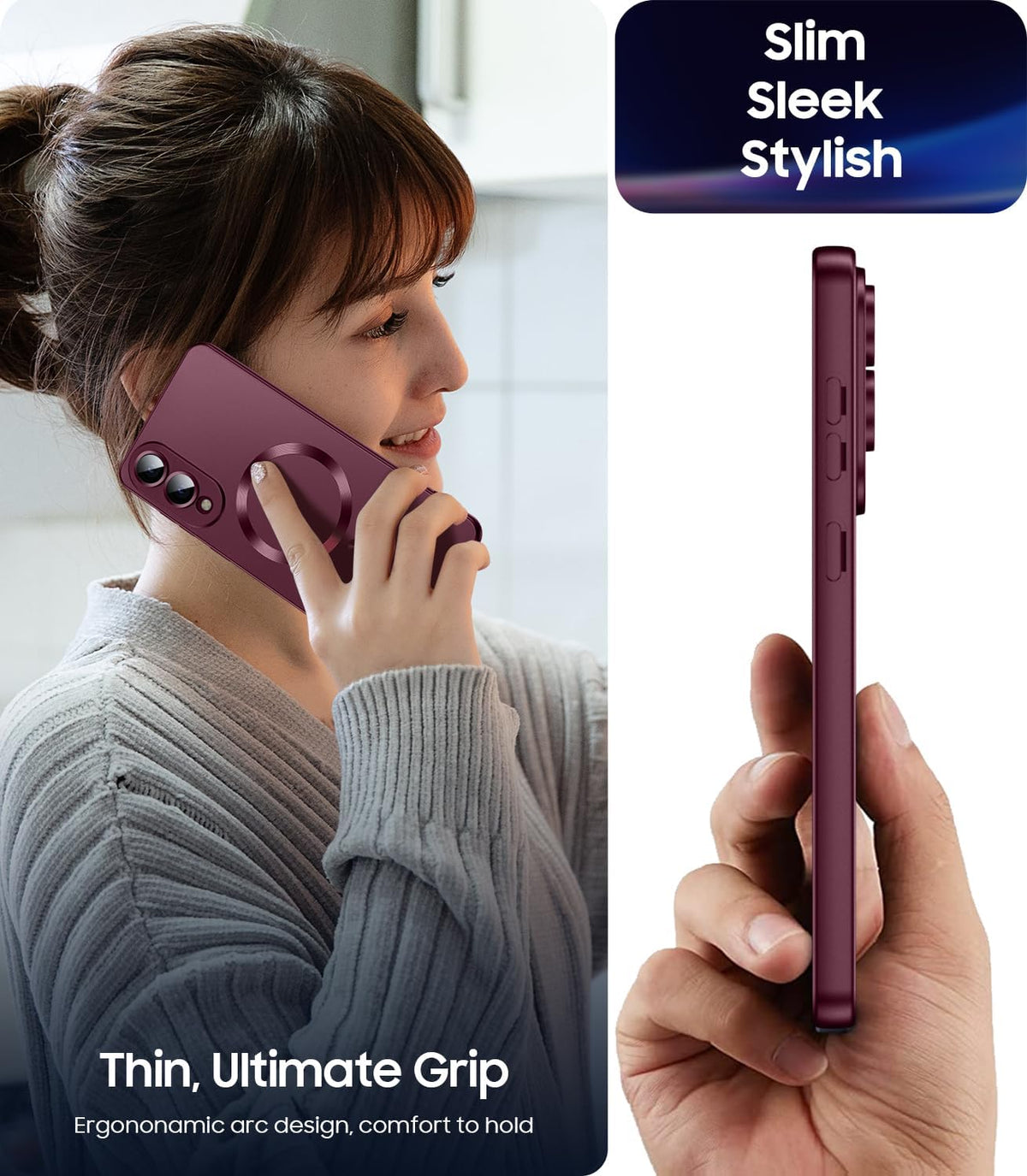 Magnetic for Samsung Galaxy S25 Edge Case [Compatible with MagSafe][Built-in Camera Lens Protector] Slim Soft Silicone Bumper Shockproof Metallic Luster Phone Case (Burgundy)