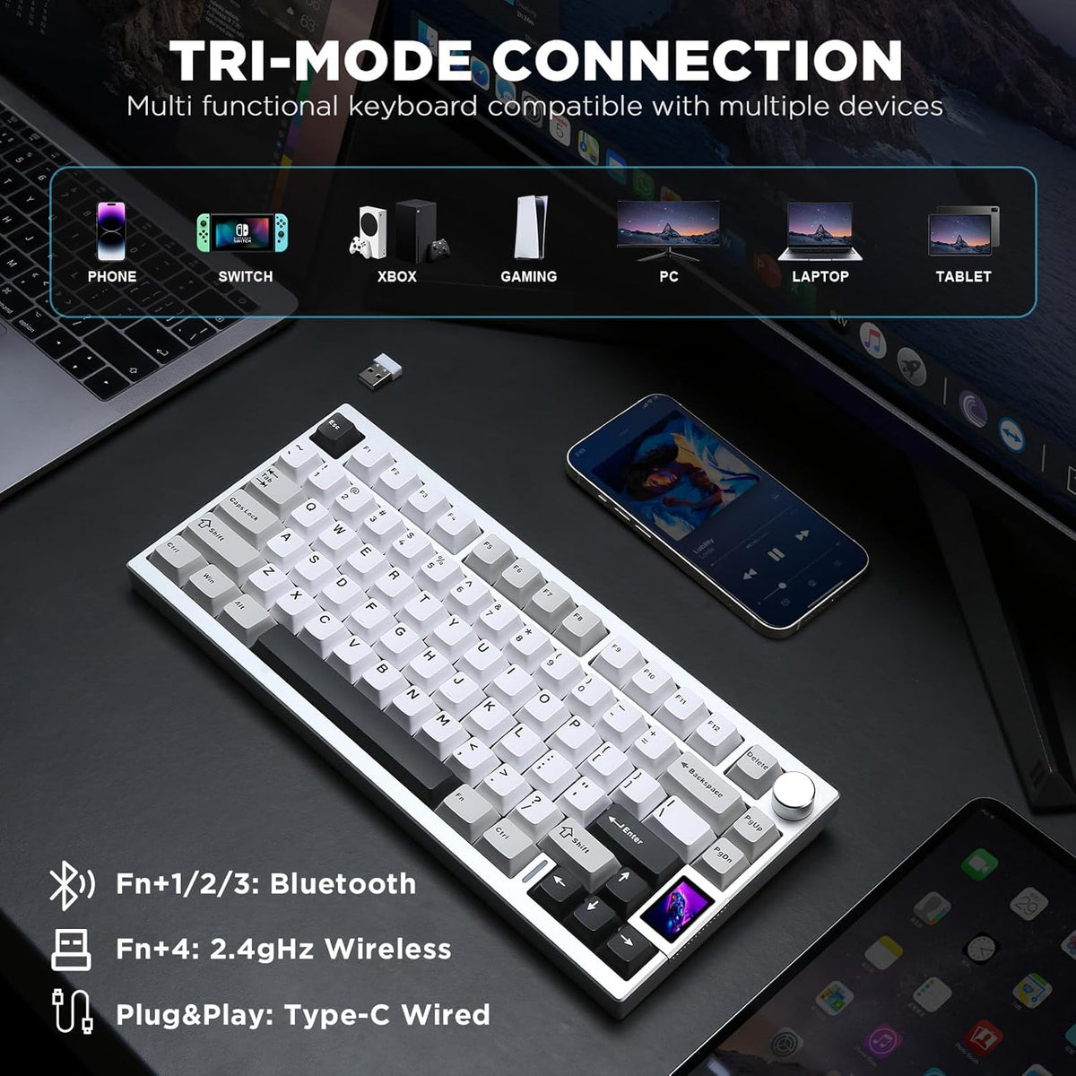 YUNZII AL80 Wireless Mechanical Keyboard,Full Aluminum CNC, Smart LCD Display,Hot Swappable Gasket Mount 75% Layout with Knob,BT/2.4G/USB-C,QMK/VIA Support for Win/Mac (Silver, Cocoa Cream V2 Switch)
