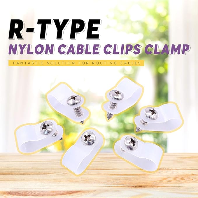 Swpeet 120 Pack White 3/8 Inch Nylon Plastic R-Type Cable Clips Clamp Kit, Nylon Screw Mounting Cord Fastener Clips with 120 Pack Screws for Wire Management (3/8 Inch, White)
