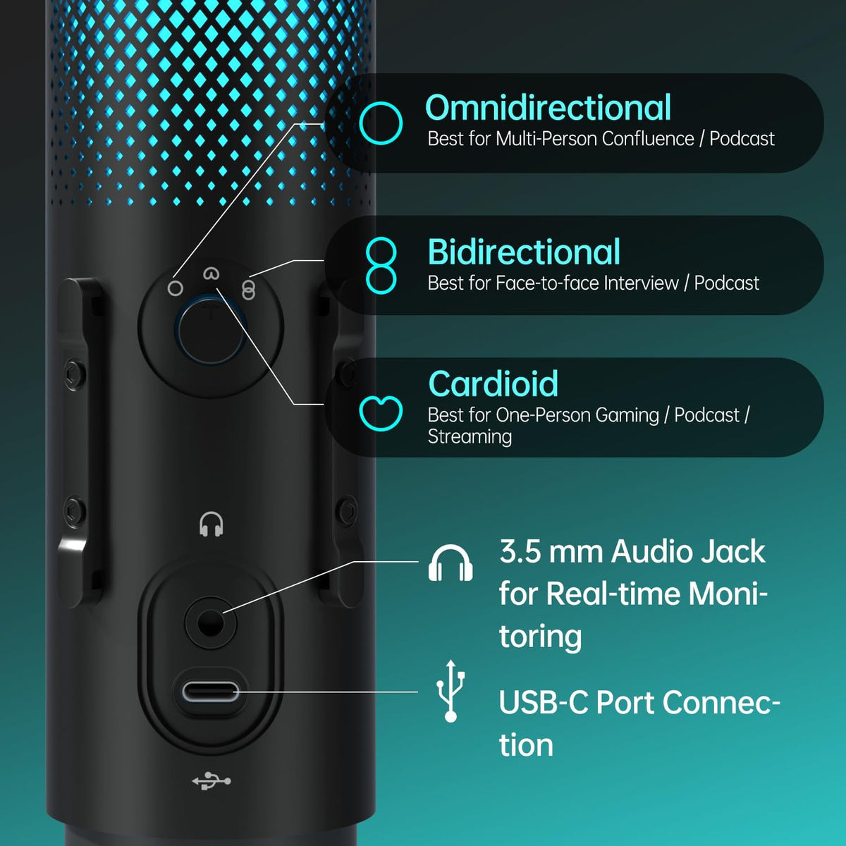 JARO USB Multi-Polar Pattern Condenser Microphone with Mute Noise Cancelation RGB for Podcasting Gaming Streaming YouTube Zoom AMSR Singing Recording [Compatible with PC Laptop Mac PS4/5], J101-CS
