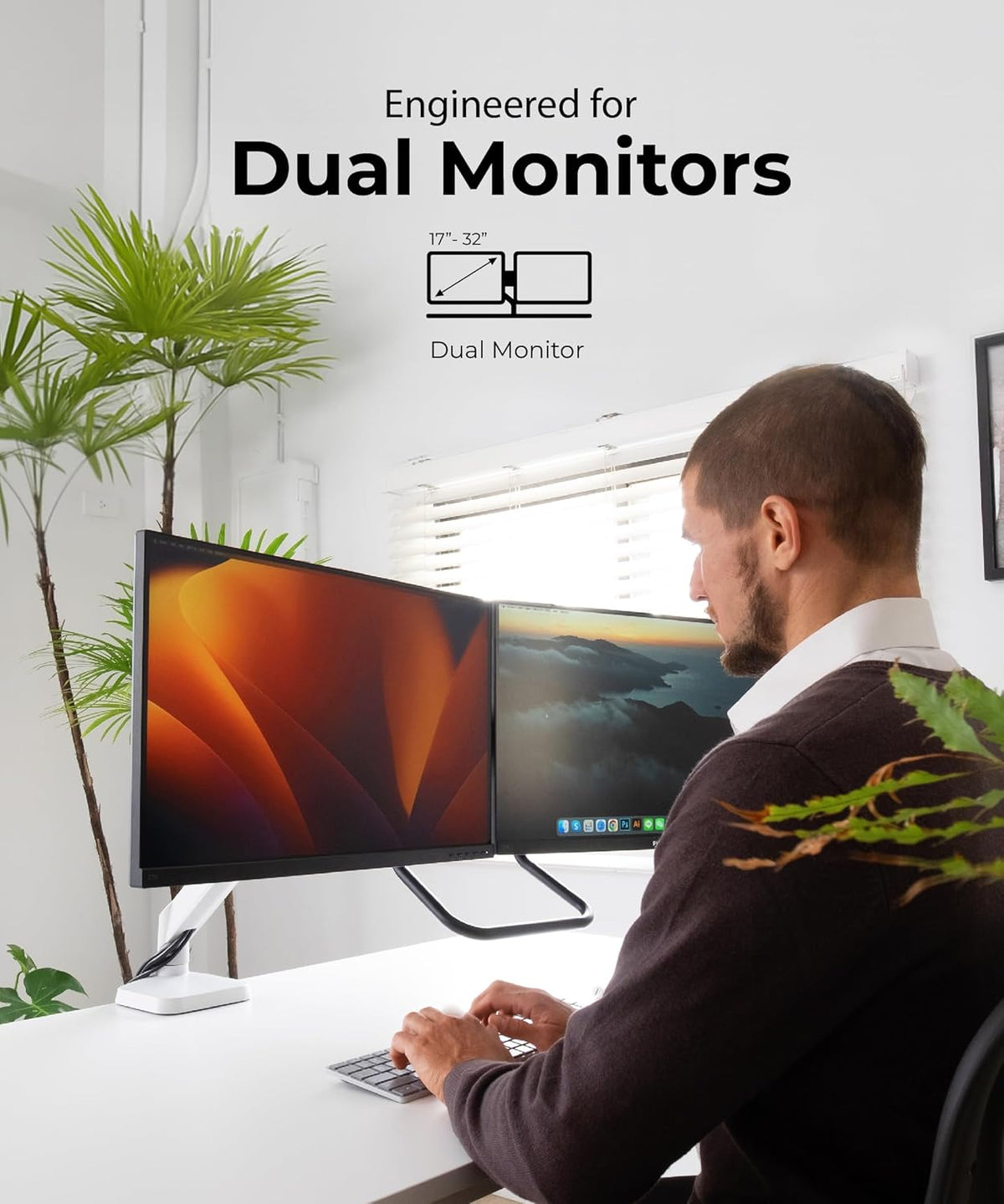 Dual Monitor Arm Desk Mount with Gas Spring & USB Charging, Fits 17–32” inches Screens up to 33 lbs, VESA 75x75/100x100, Crossbar Handle for Easy Adjustment, Black, Dual