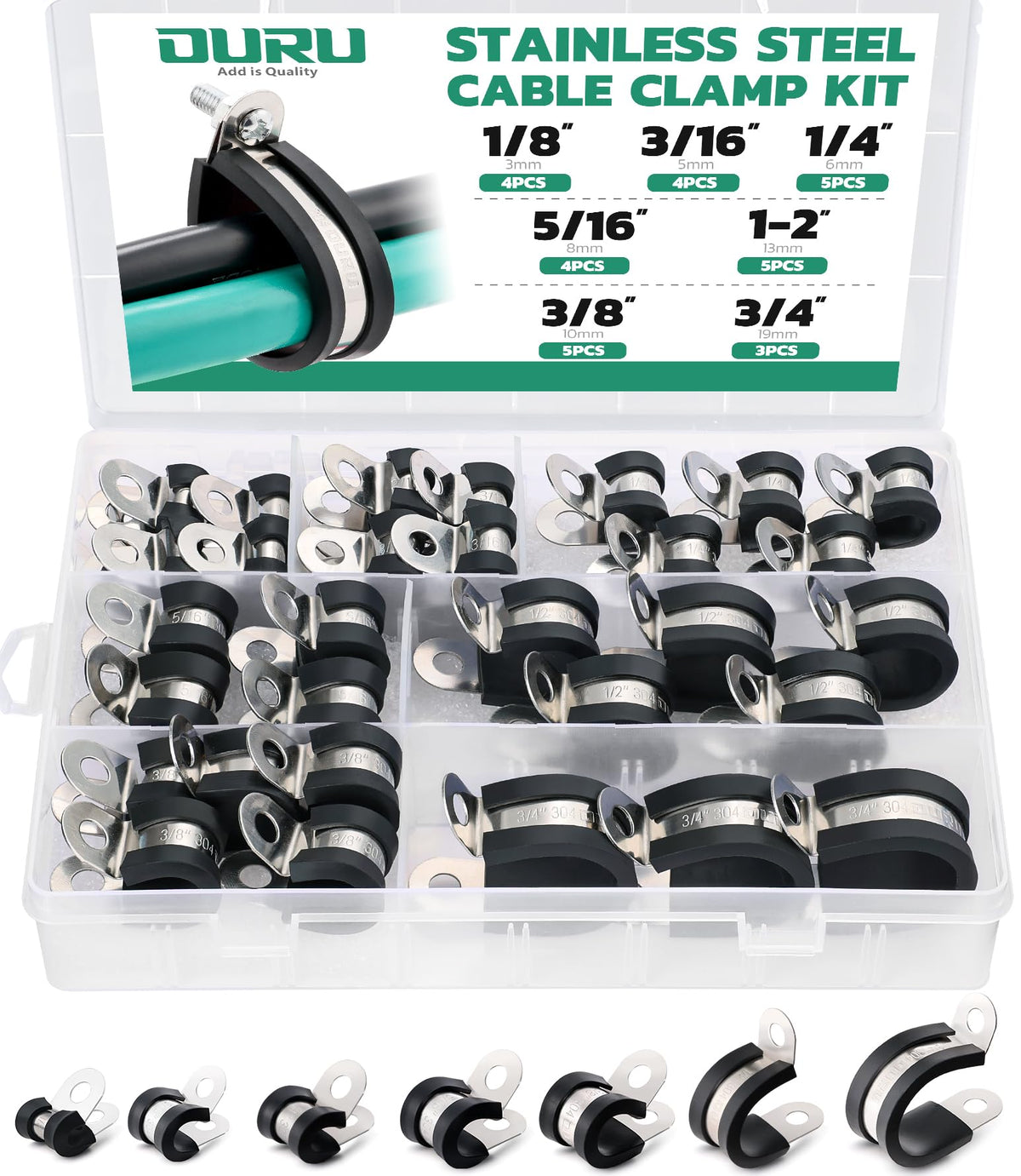 OURU 30PCS Cable Clamps Assortment Kit,7 Sizes—1/8" 3/16" 1/4" 5/16" 3/8" 1/2" 3/4" Stainless Steel Rubber Coated Cushioned Insulated Cable Clamp,Automotive Wire Pipe Clamps