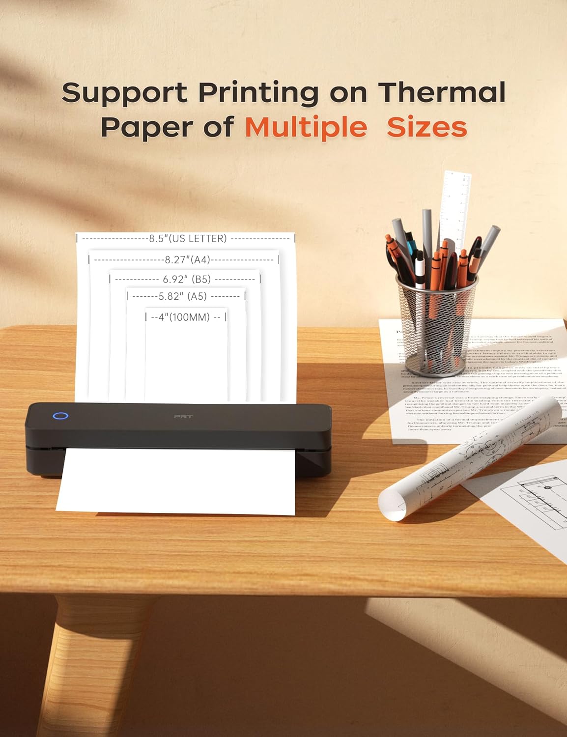 PRT Portable Printer Wireless for Travel, Inkless Bluetooth Compact Mobile Thermal Printer, Supports 8.5" X 11" US Letter, A4 A5, Compatible with iOS, Android, Laptop for Home Use, Office & Vehicles