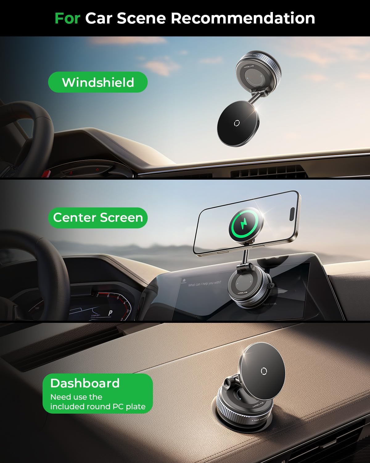 MRGLAS for 15W MagSafe Car Mount Charger, Vacuum Magnetic Wireless Car Charger for iPhone 16 Pro Max Accessories, Suction Cup Phone Mount Charger for iPhone 16e 15 14 13 12 with MagSafe Case