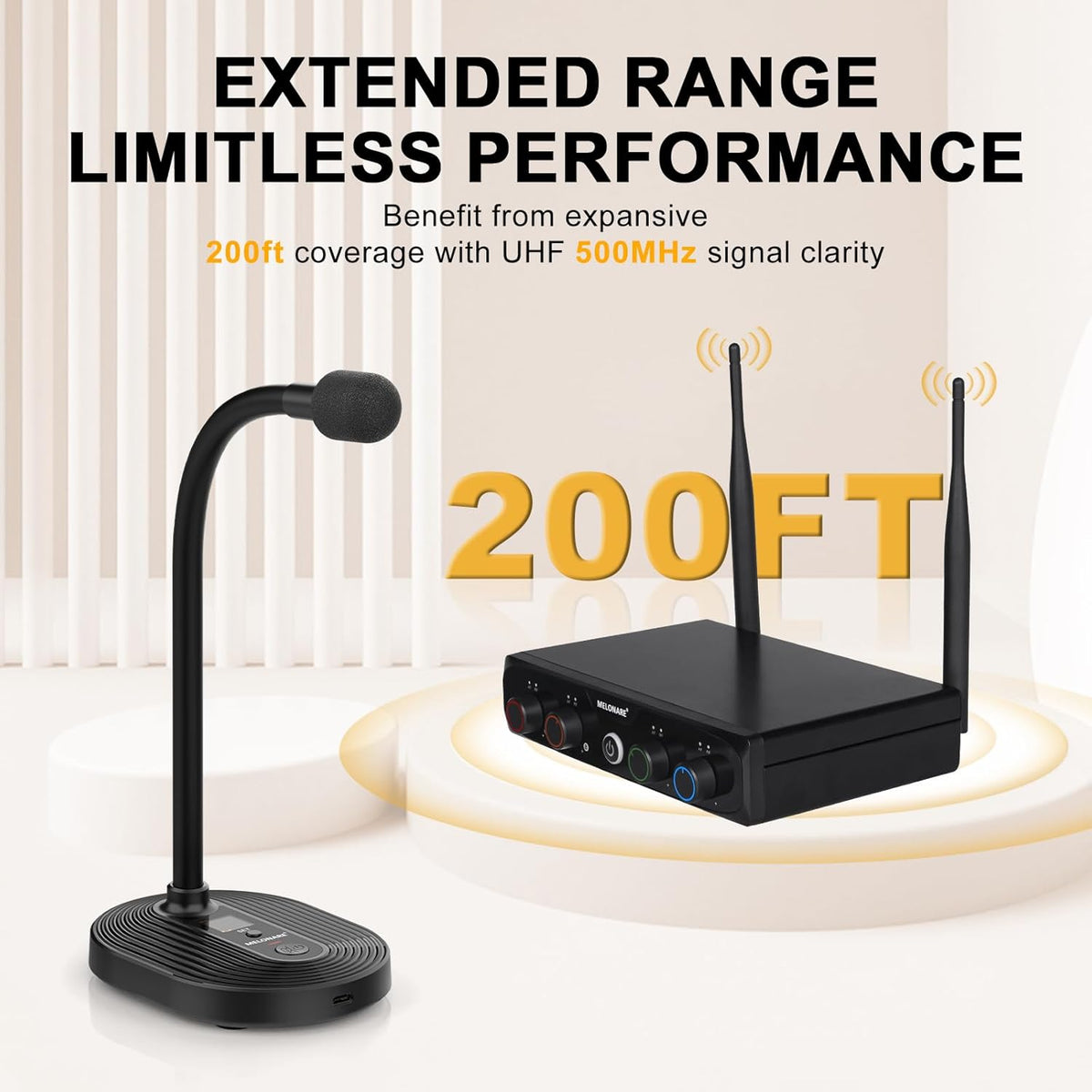4-Channel Wireless Conference Microphone System, UHF Compact Cordless Mic Set w/ 4x10 Frequencies, 200ft Range, 4 Gooseneck Mics for Lecture, Church, Conference, Public Speaking (MWM-41-4G)