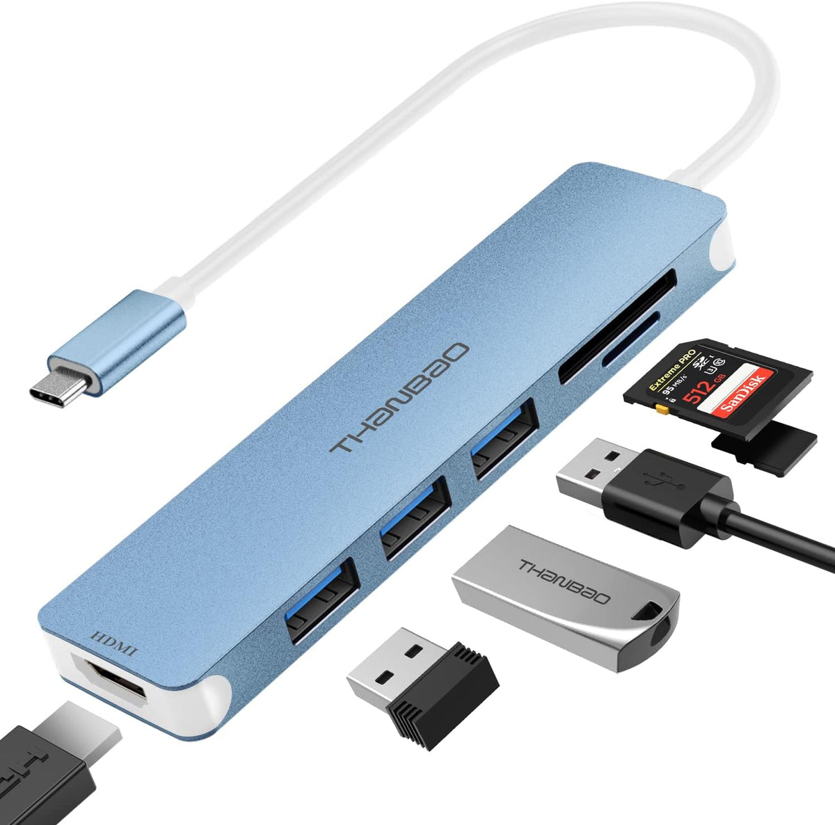 USB C Hub Multiport Adapter, 7 in 1 Portable Dongle with 4K HDMI Output, 3 USB 3.0 Ports, SD/TF Card Reader Compatible for MacBook Pro, XPS, and More