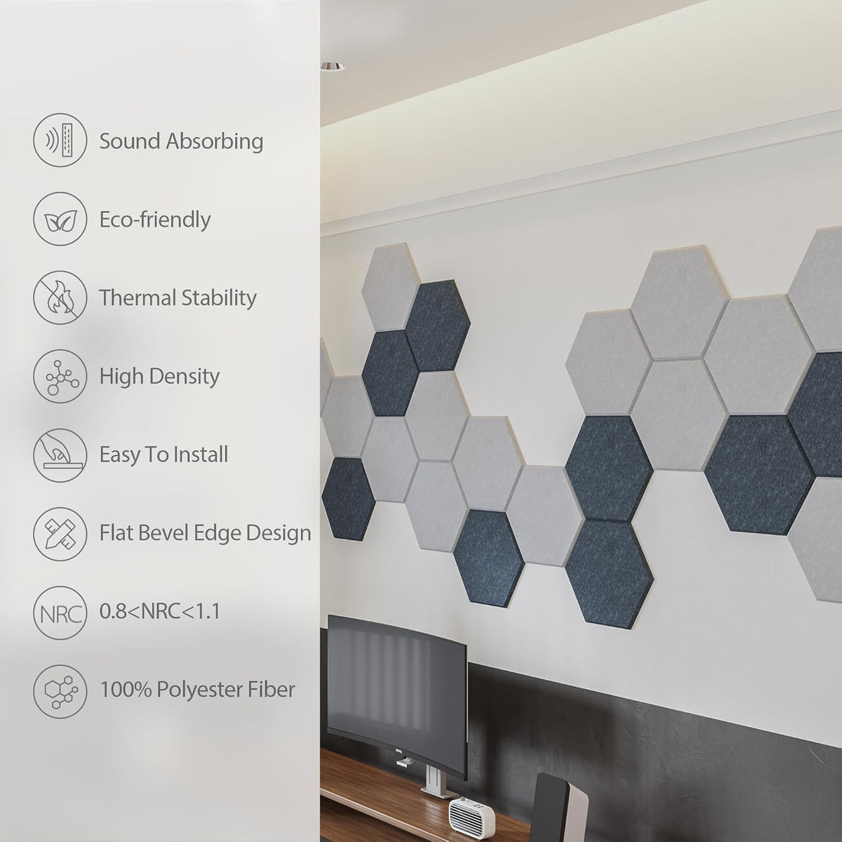 12 Pack Acoustic Panels Self Adhesive Sound Proof Foam,High Density Sound Acoustic Foam Panel,12X10.23X0.4 Inch Hexagon Wall Panels in Home,Office,Reccording Room,Studio(Silver Gray)